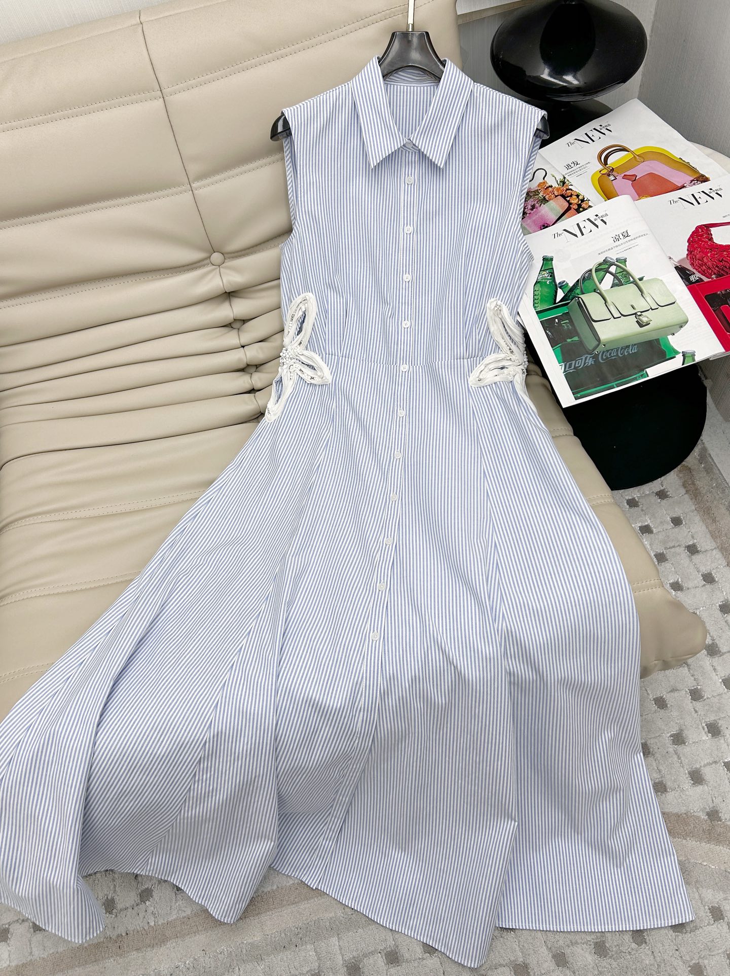 Striped Polo Collar Sleeveless Dress, Blue and White, Elegant Floral Detail 2 i1748602757446 8245 0 0