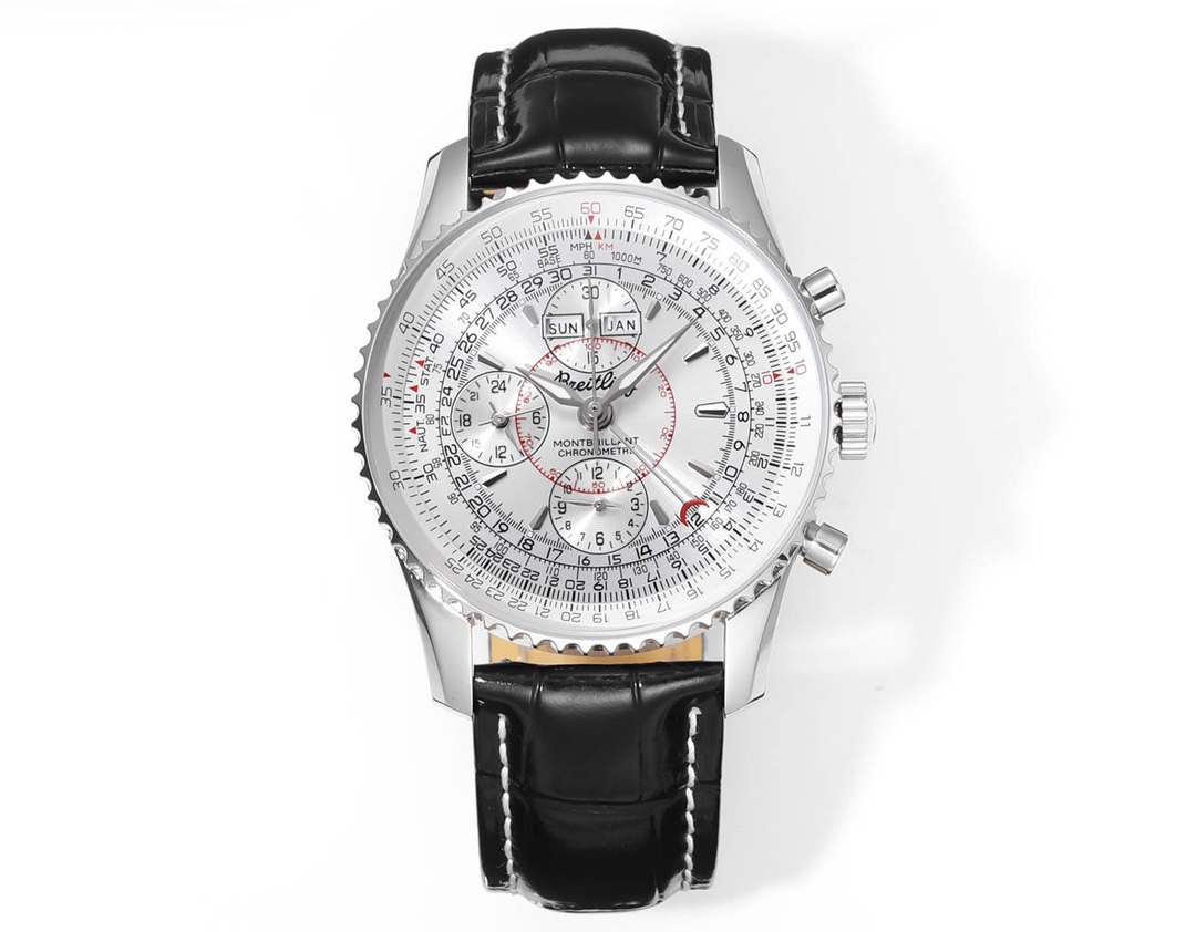 统一ZD0\nBLS出品，必属精品！\n百年灵 BREITLING，蒙柏朗计时系列 AZYEE重磅来袭！ \n⃣这款复杂多功能计时腕表，有日历，月份，星期，小时显示，计时功能等，盘面凌厉，读时清晰。款款让人爱不释手！\n⃣表壳采用精钢制成，配备带有双密封垫的旋入式表冠，优良防水性能。意大利头层牛皮表带，\n⃣表带为备受关注的工字扣 \n⃣表壳尺寸为毫米，厚度与原装一致的.毫米，适合亚洲跟中国男士手腕！\n⃣机芯采用etc. 还原于与官网同步机芯！\n虽然姗姗来迟，但诚意满满！匠心之作，你值得拥有 精致推荐男士多功能机械腕表