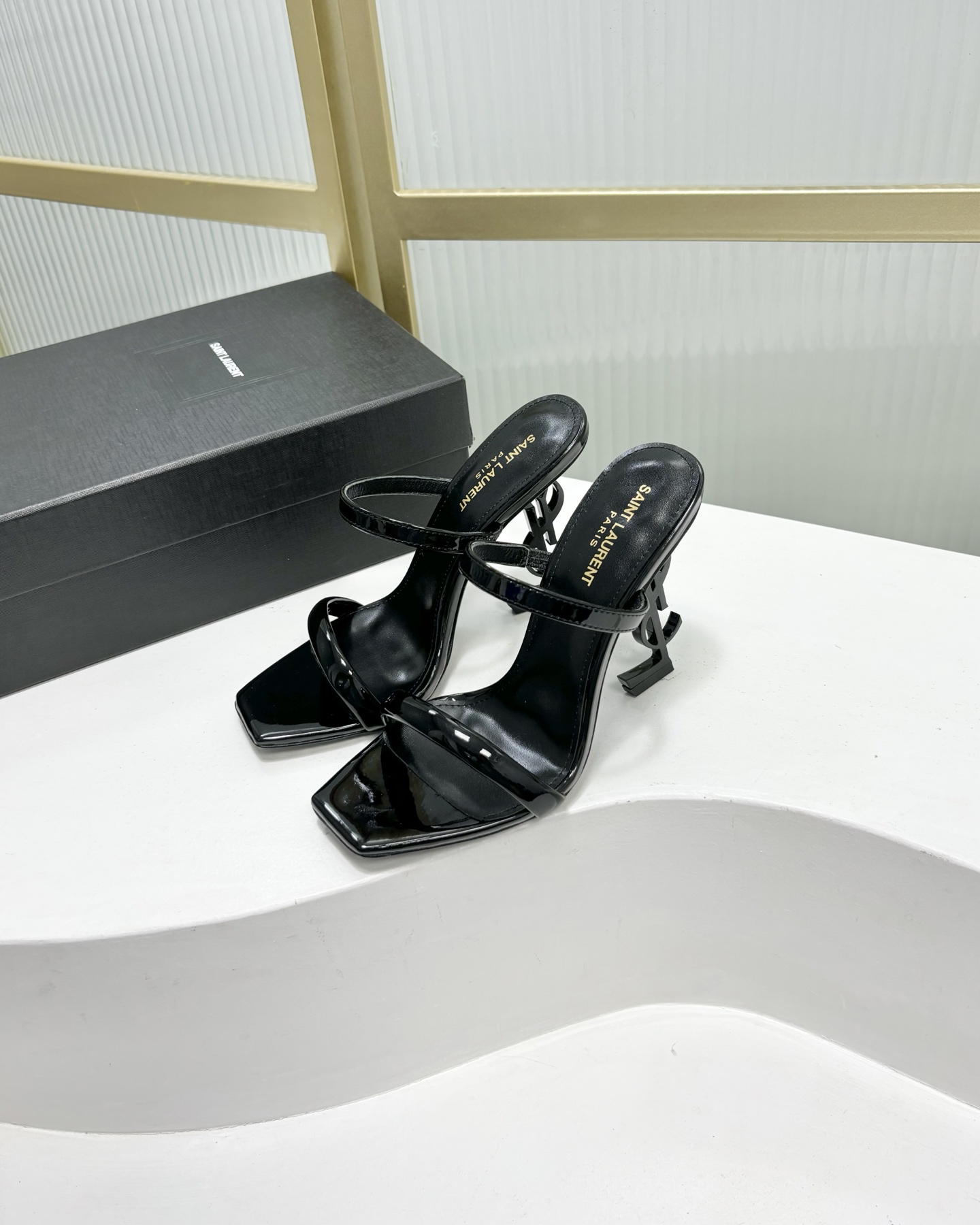 Saint Laurent SAINT LAUREN*YSL圣罗兰新款交叉一字带方头高跟鞋字母跟高跟拖鞋鞋
