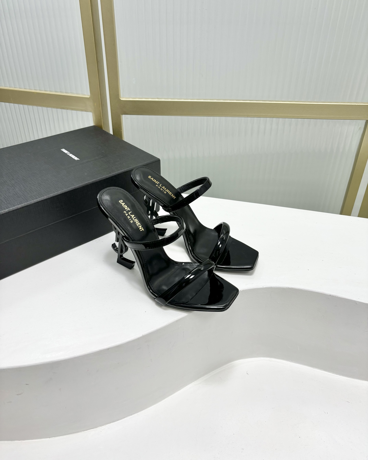Saint Laurent SAINT LAUREN*YSL圣罗兰新款交叉一字带方头高跟鞋字母跟高跟拖鞋鞋
