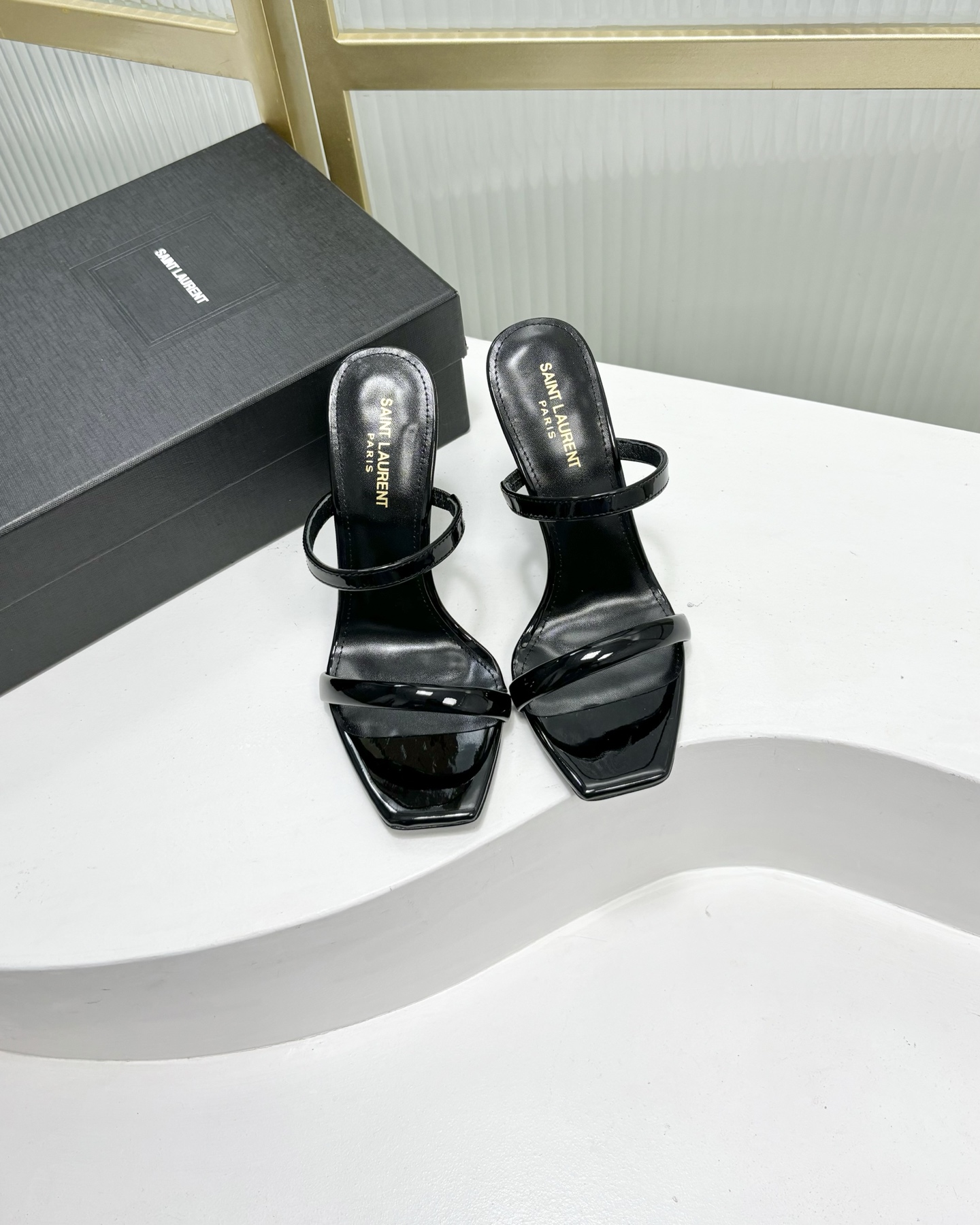 Saint Laurent SAINT LAUREN*YSL圣罗兰新款交叉一字带方头高跟鞋字母跟高跟拖鞋鞋