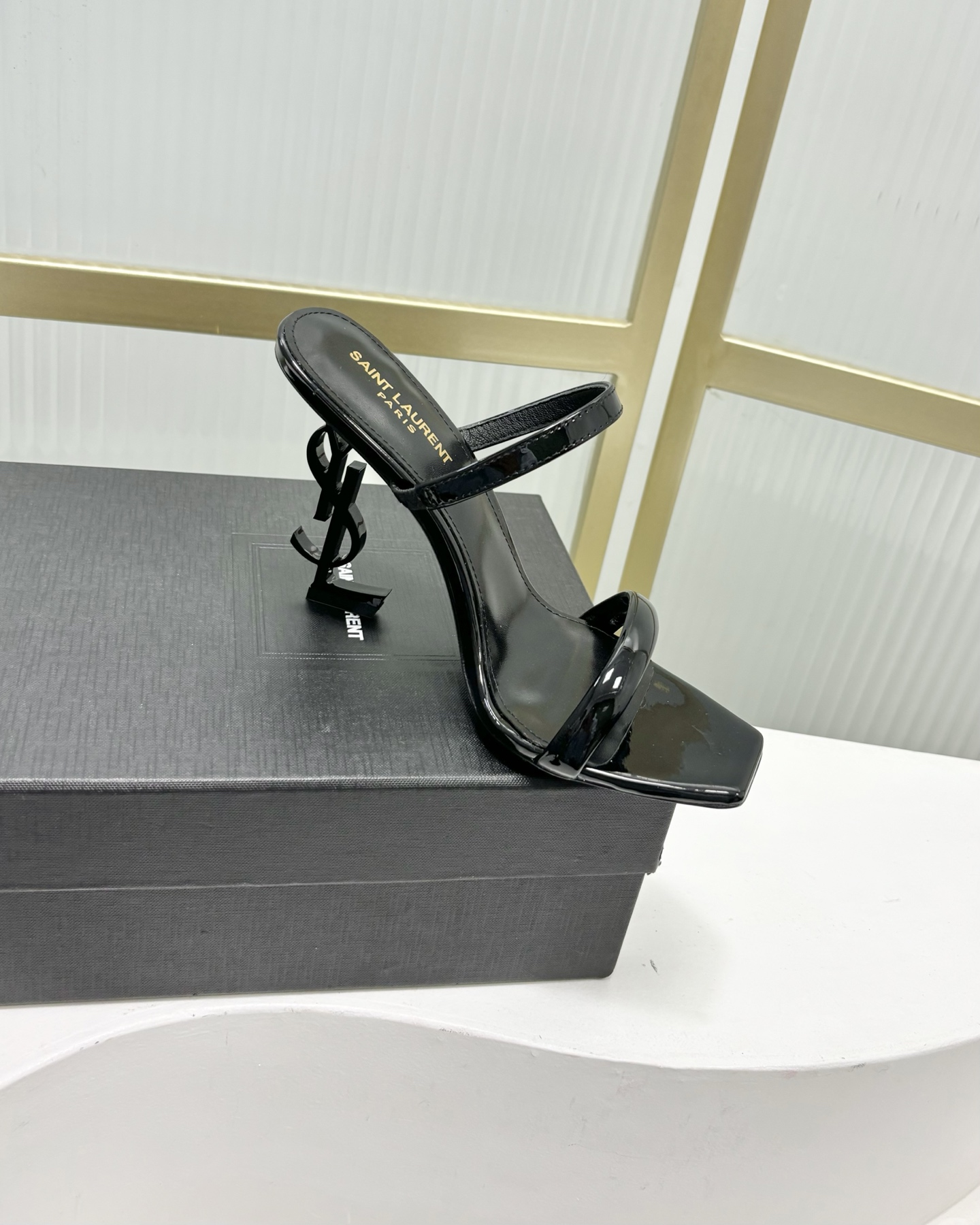 Saint Laurent SAINT LAUREN*YSL圣罗兰新款交叉一字带方头高跟鞋字母跟高跟拖鞋鞋
