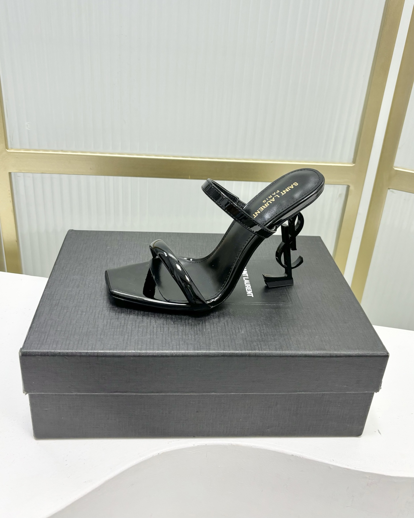 Saint Laurent SAINT LAUREN*YSL圣罗兰新款交叉一字带方头高跟鞋字母跟高跟拖鞋鞋
