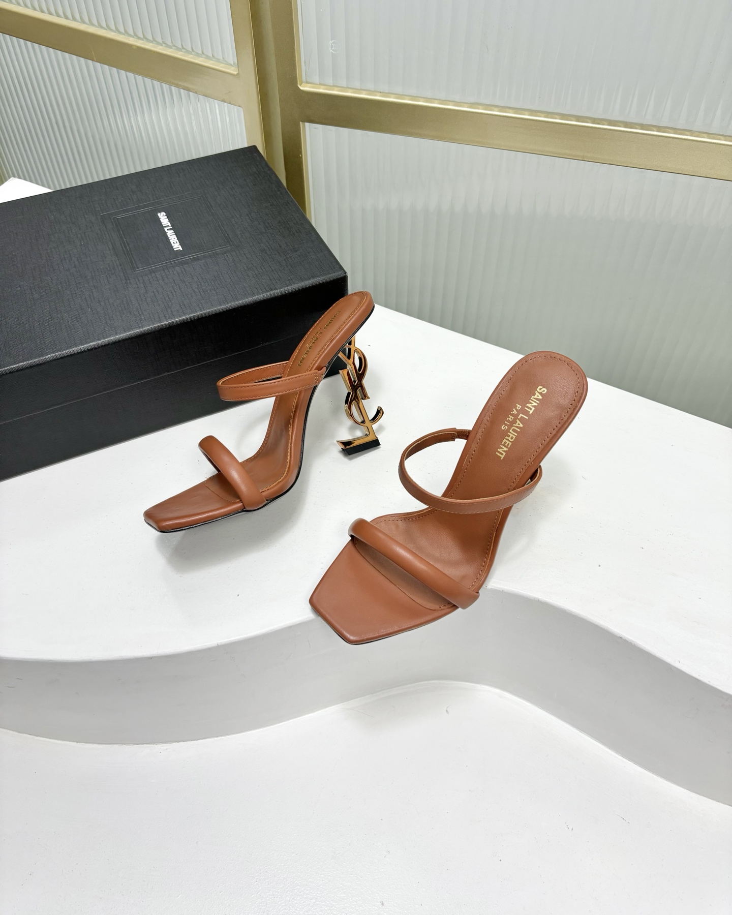 Saint Laurent SAINT LAUREN*YSL圣罗兰新款交叉一字带方头高跟鞋字母跟高跟拖鞋鞋