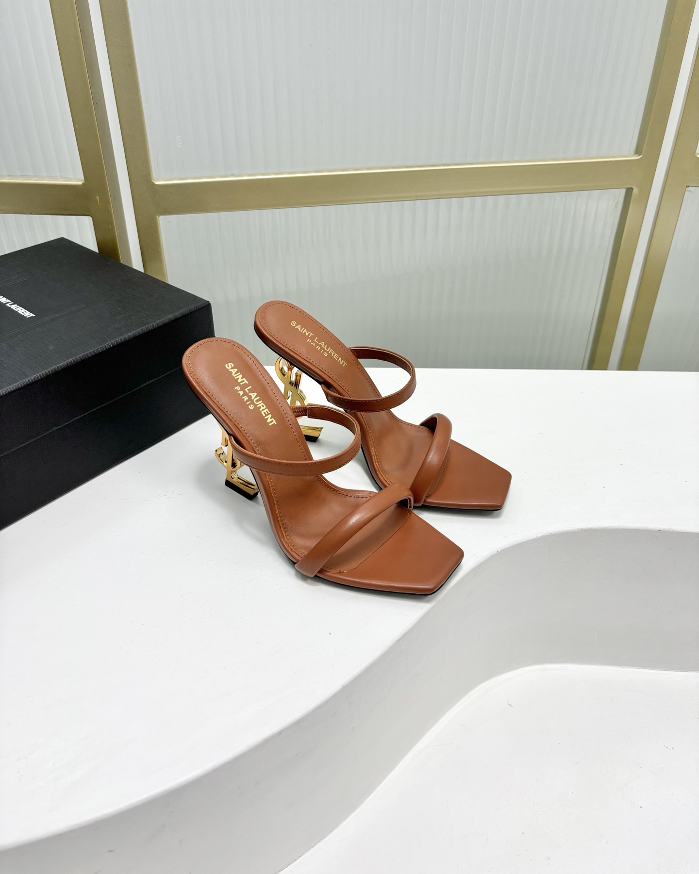 Saint Laurent SAINT LAUREN*YSL圣罗兰新款交叉一字带方头高跟鞋字母跟高跟拖鞋鞋