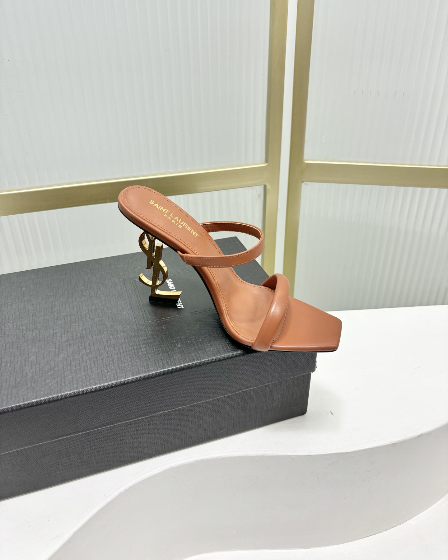 Saint Laurent SAINT LAUREN*YSL圣罗兰新款交叉一字带方头高跟鞋字母跟高跟拖鞋鞋