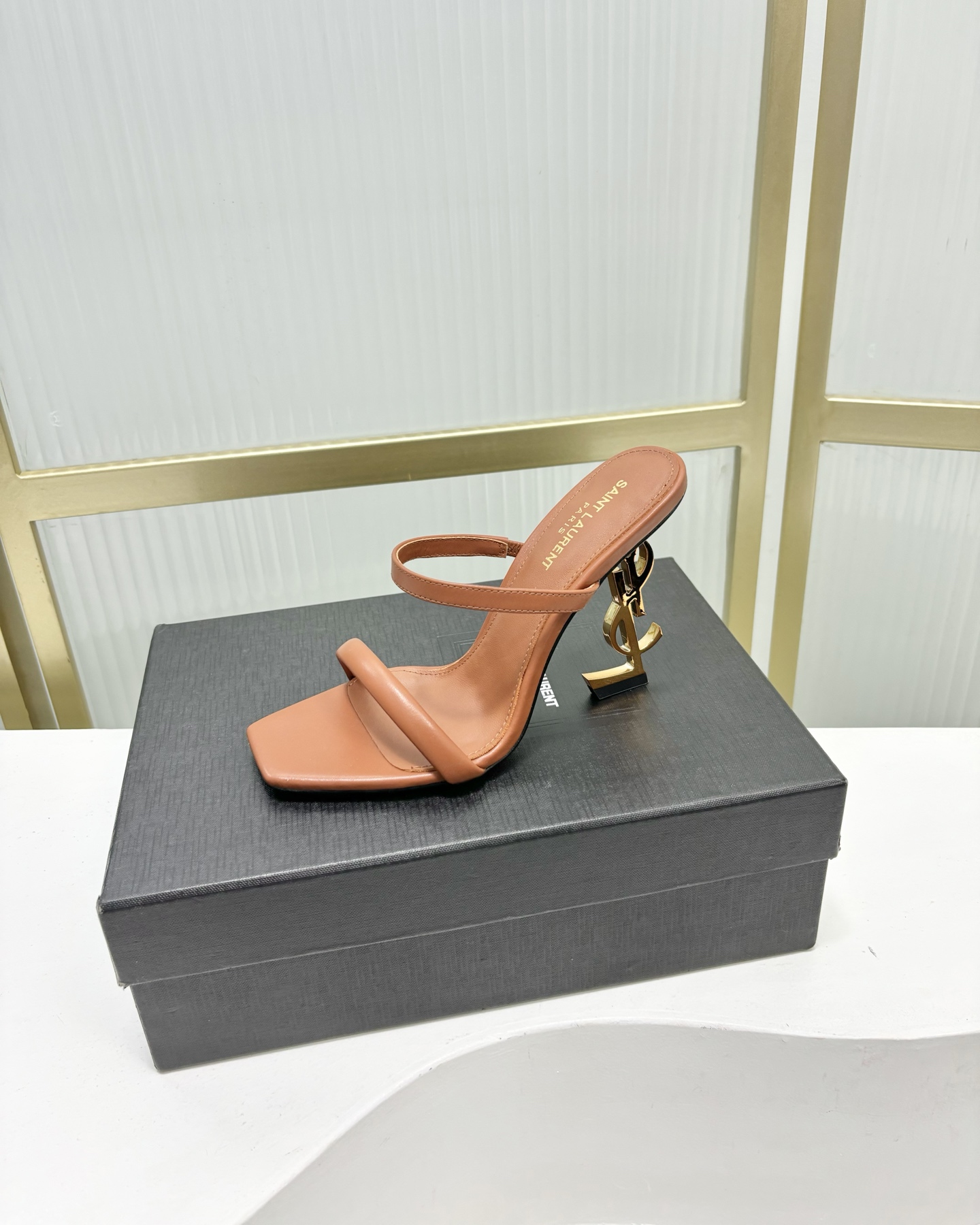 Saint Laurent SAINT LAUREN*YSL圣罗兰新款交叉一字带方头高跟鞋字母跟高跟拖鞋鞋