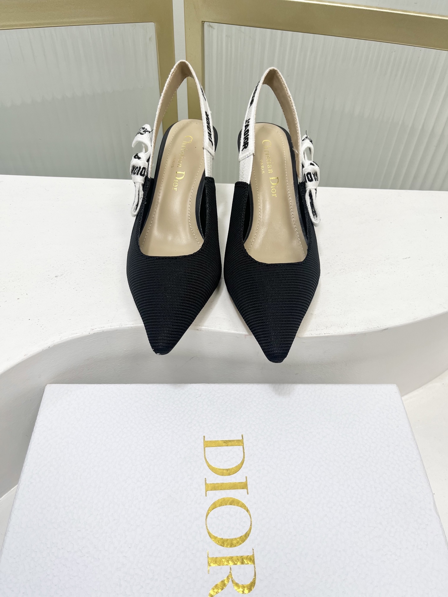 Dior Escarpins Slingback Pointus en Tissu Technique Noir et Blanc