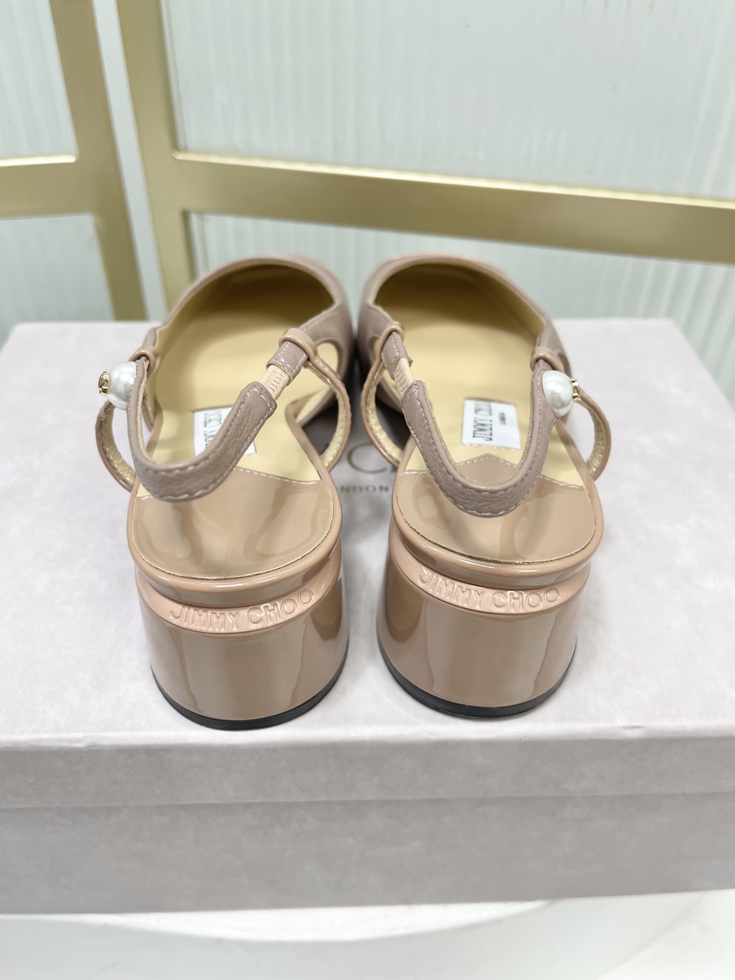 Jimmy Choo Women's Mary Jane Block Heel Pumps with Pearl Logo, Beige Leather 7 i1755886410395 1808 0 5