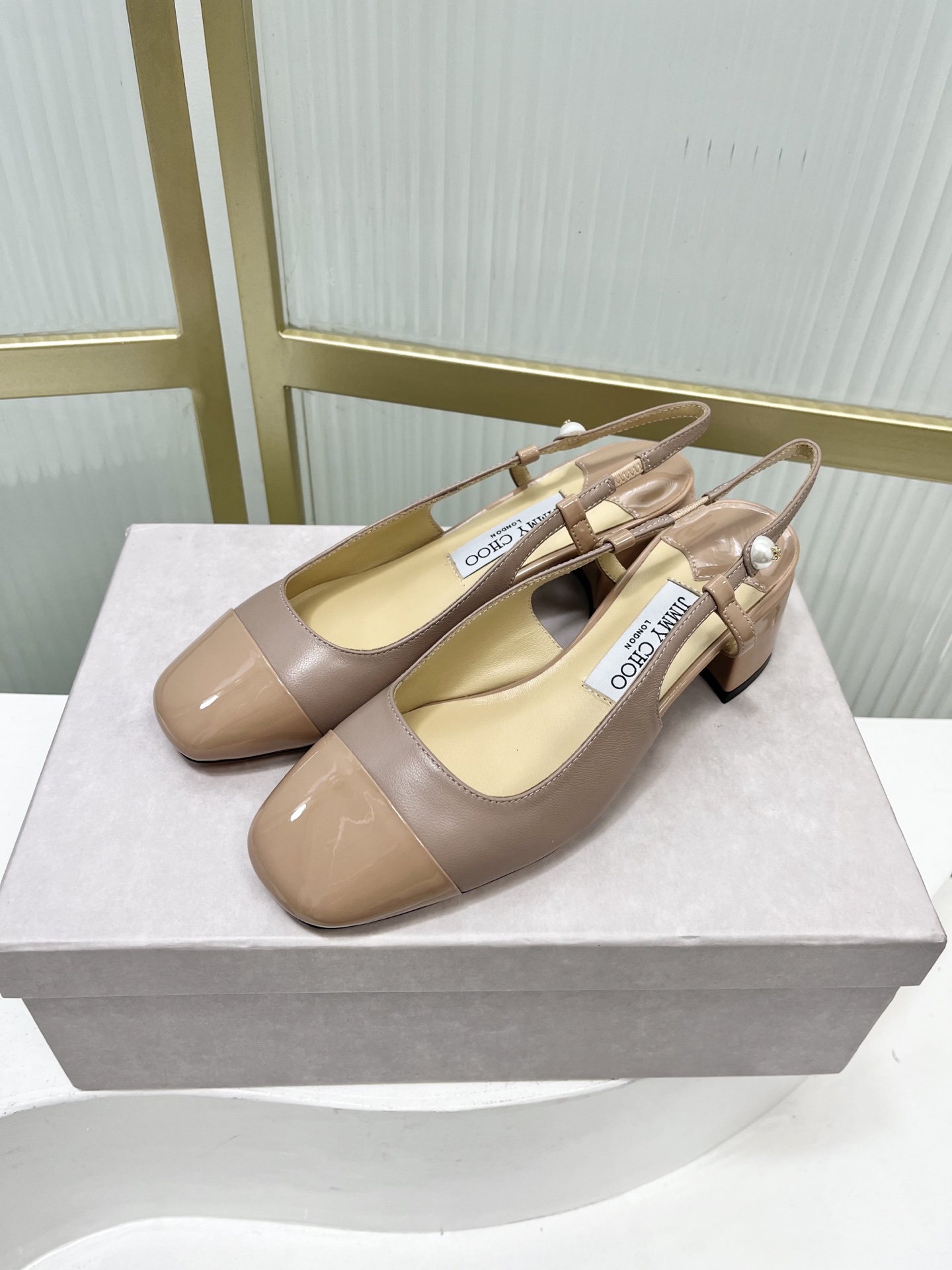 Jimmy Choo Women's Mary Jane Block Heel Pumps with Pearl Logo, Beige Leather 5 i1755886410402 5238 0 3
