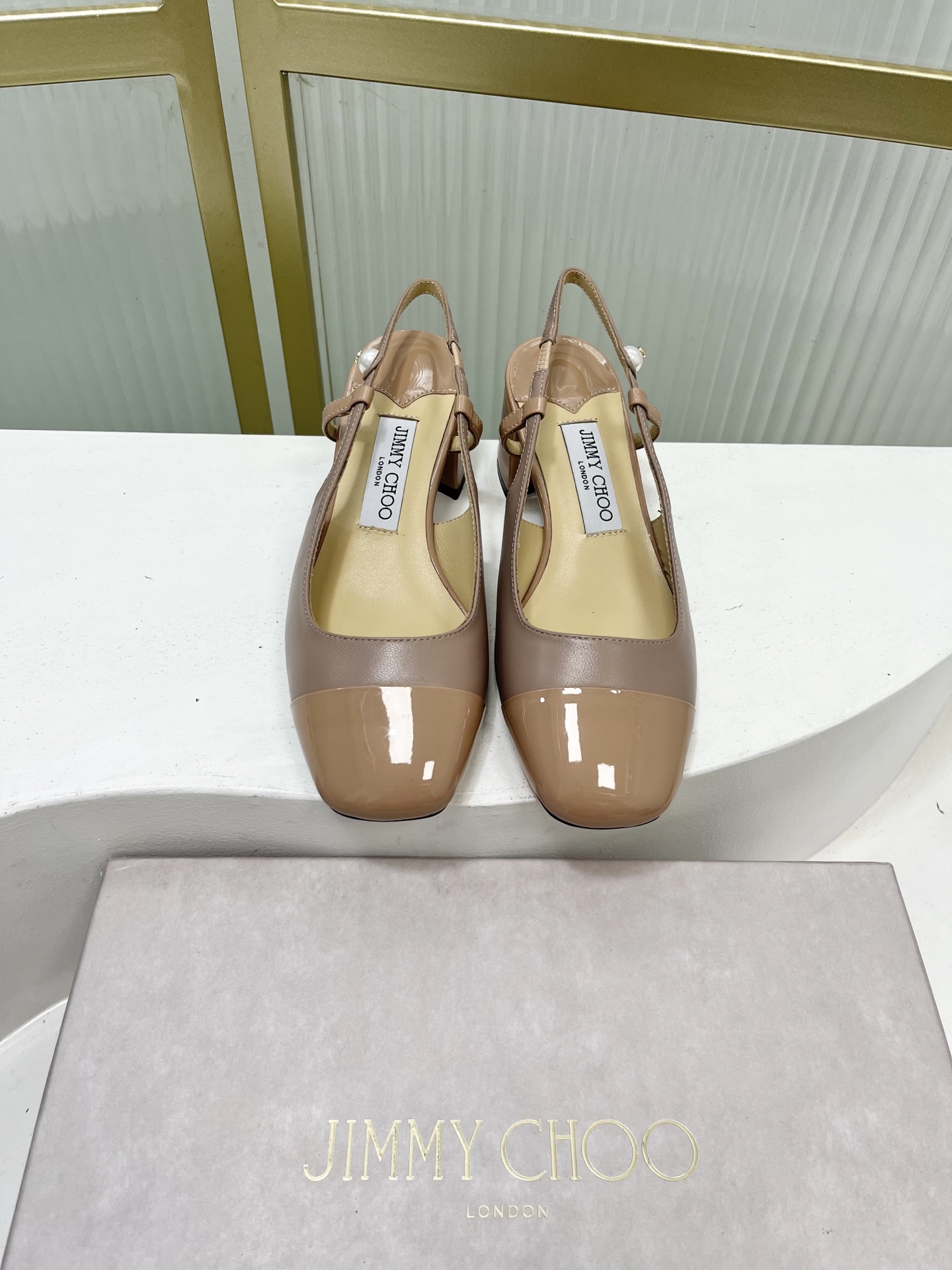 Jimmy Choo Women's Mary Jane Block Heel Pumps with Pearl Logo, Beige Leather 2 i1755886410550 7938 0 0