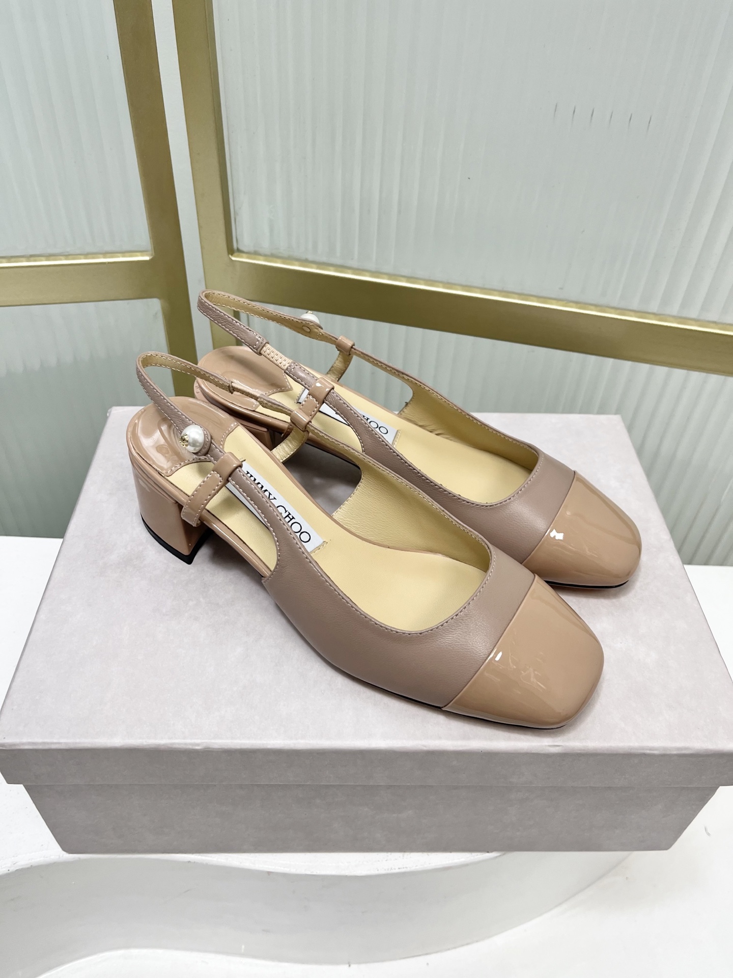 Jimmy Choo Women's Mary Jane Block Heel Pumps with Pearl Logo, Beige Leather 6 i1755886413695 7269 0 4