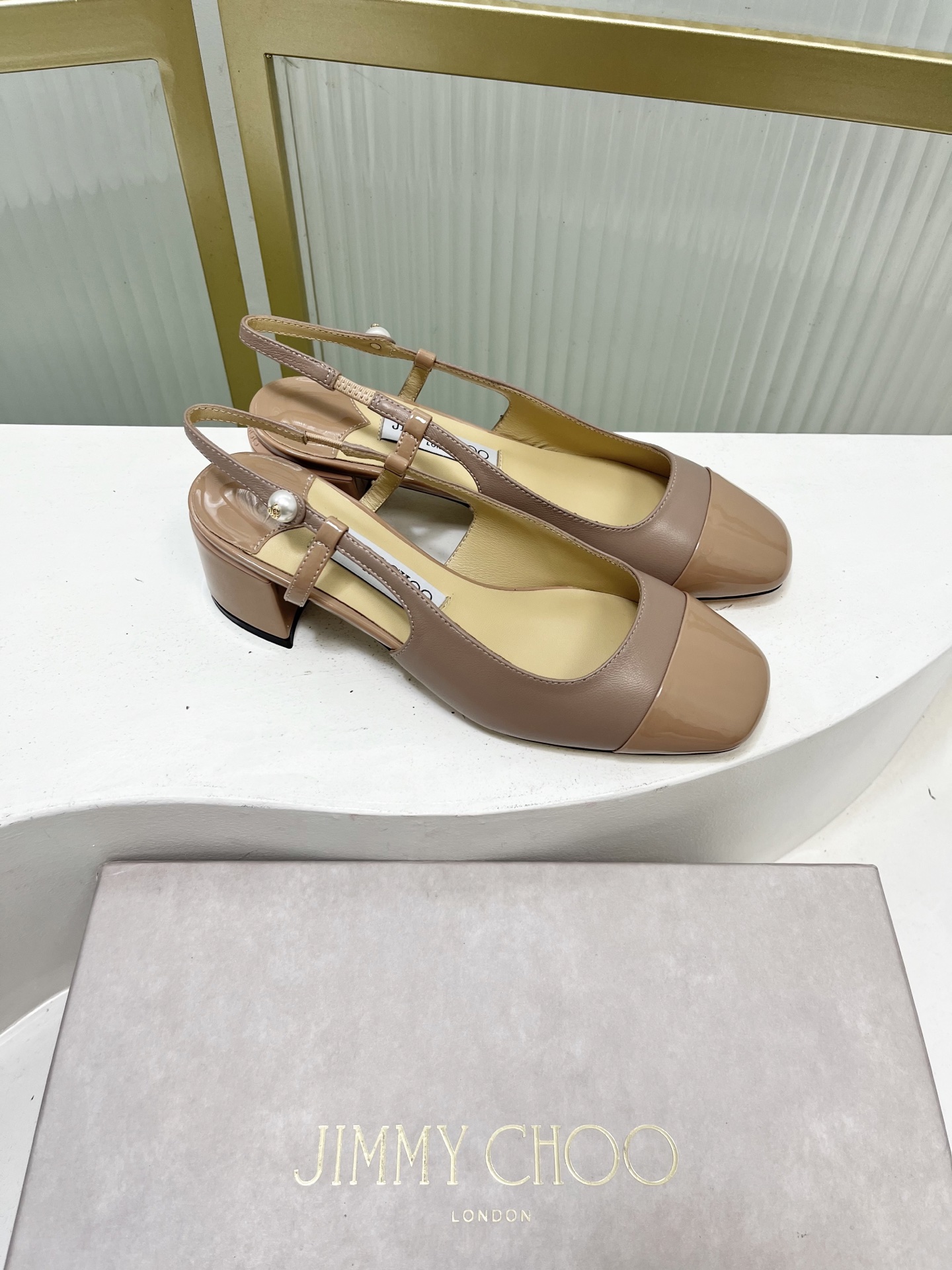 Jimmy Choo Women's Mary Jane Block Heel Pumps with Pearl Logo, Beige Leather 4 i1755886413720 9806 0 2