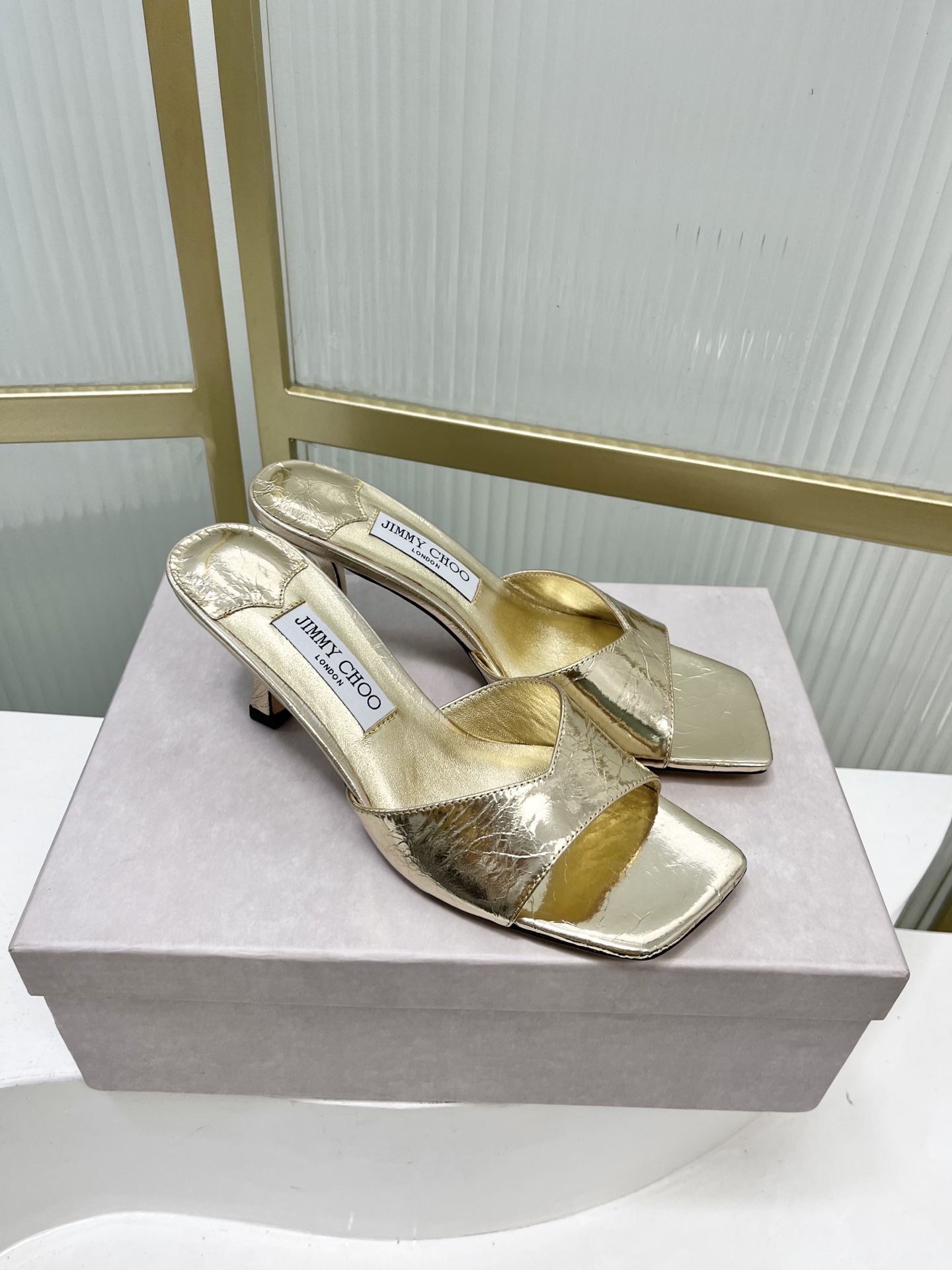Jimmy Choo Women's Gold Leather Square Toe Heeled Mules Slides Sandals 6 i1755886679123 4151 0 4
