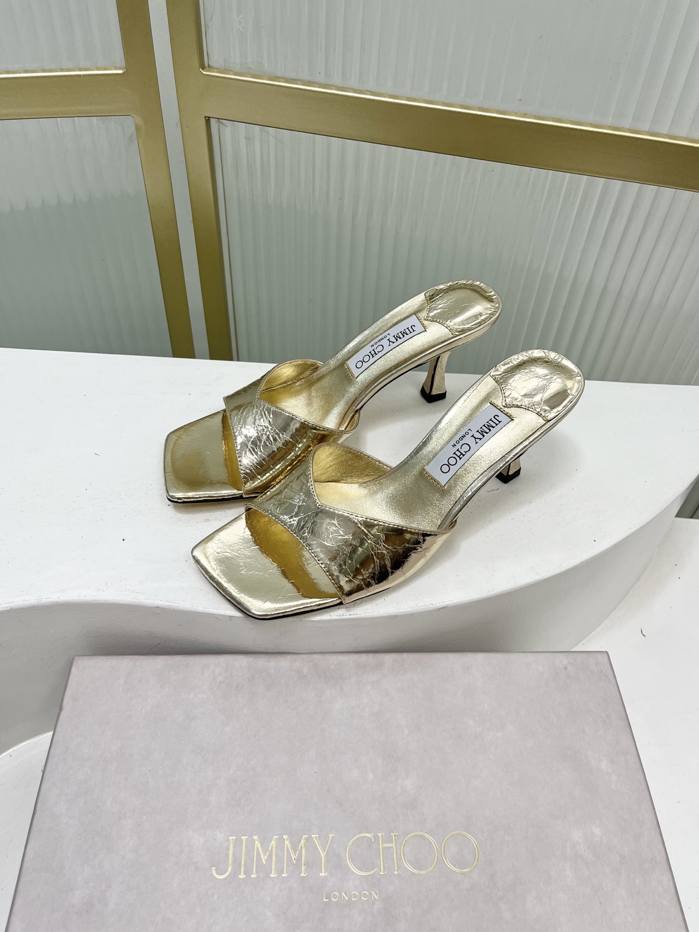 Jimmy Choo Women's Gold Leather Square Toe Heeled Mules Slides Sandals 3 i1755886679147 6740 0 1