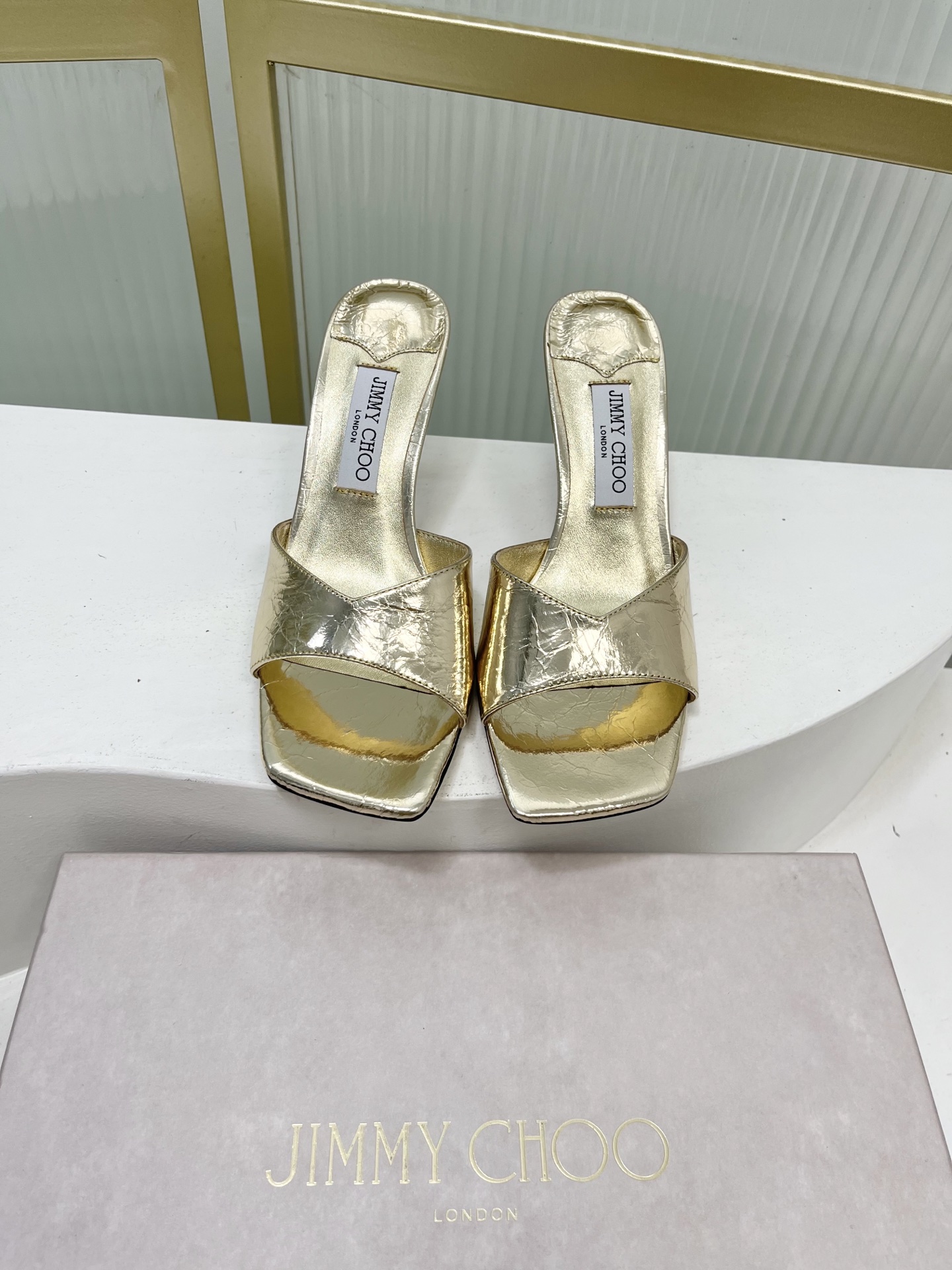 Jimmy Choo Women's Gold Leather Square Toe Heeled Mules Slides Sandals 2 i1755886682063 1106 0 0