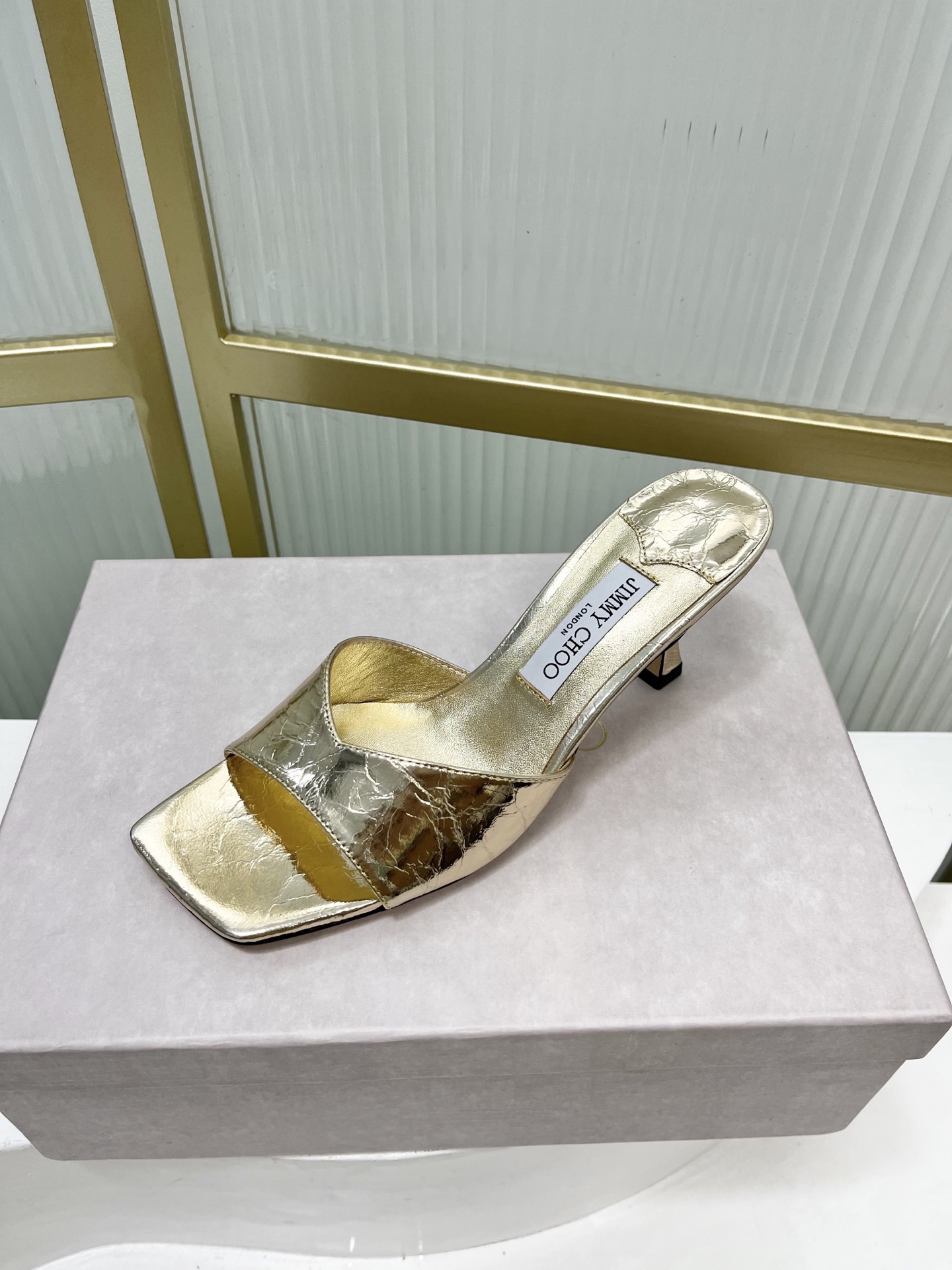 Jimmy Choo Women's Gold Leather Square Toe Heeled Mules Slides Sandals 7 i1755886682107 234 0 5