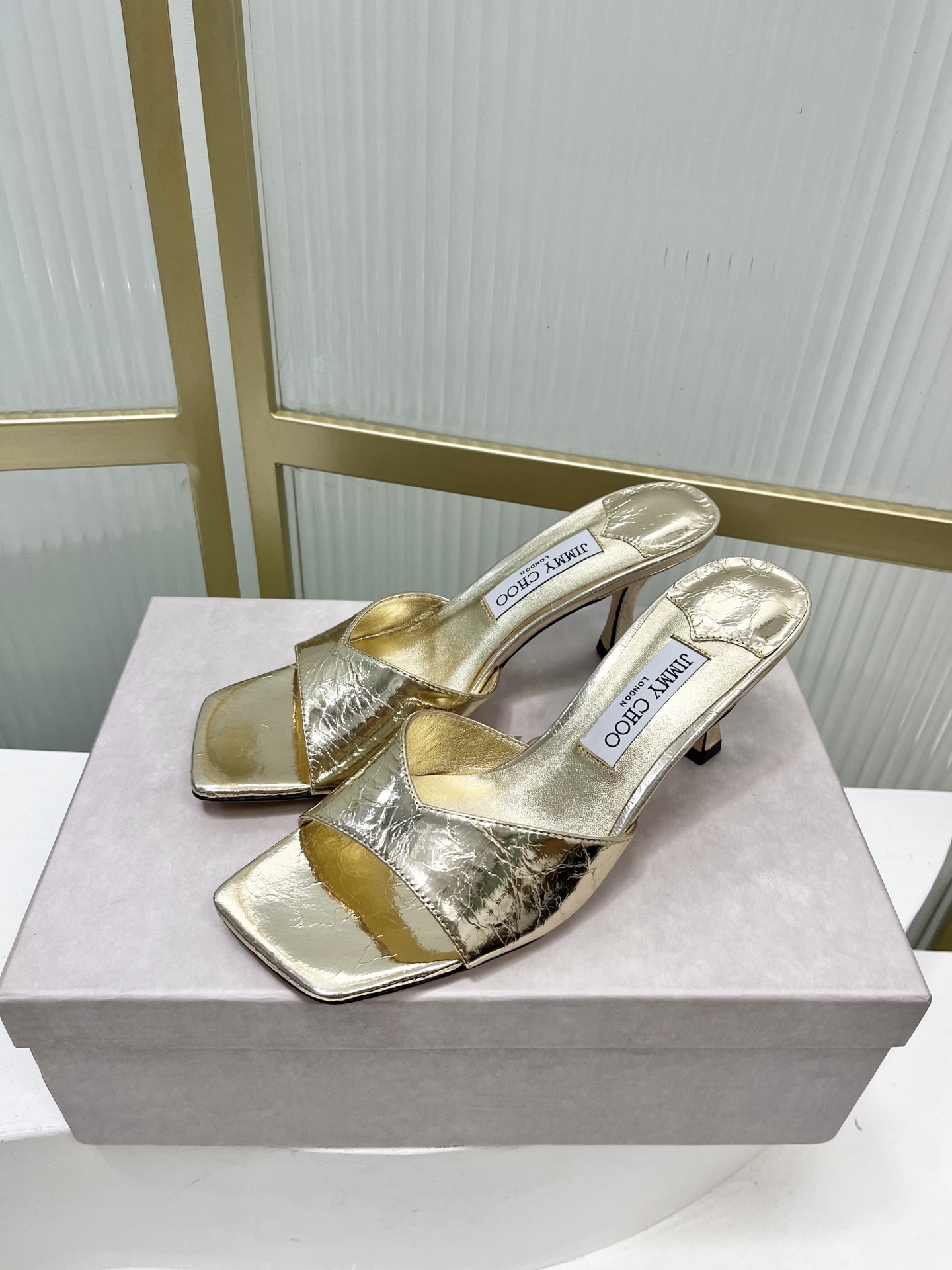 Jimmy Choo Women's Gold Leather Square Toe Heeled Mules Slides Sandals 5 i1755886682108 687 0 3
