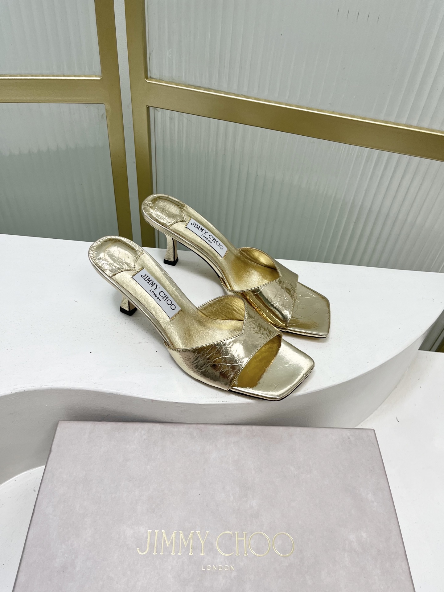 Jimmy Choo Women's Gold Leather Square Toe Heeled Mules Slides Sandals 4 i1755886682109 8567 0 2