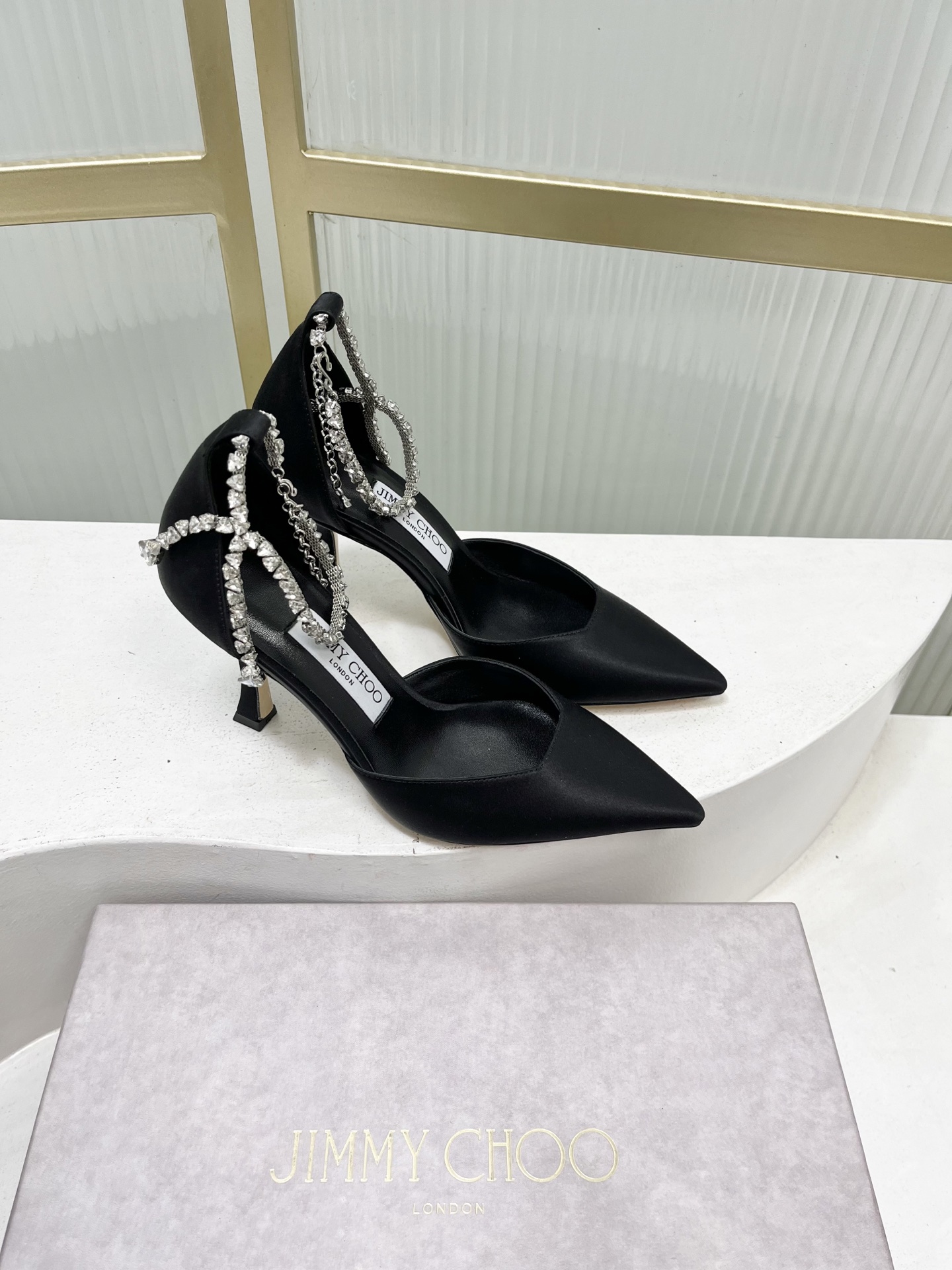 Jimmy Choo Jimmy Cho* JC吉米周新款蝴蝶结钻链真丝高跟鞋两穿中空尖头凉鞋
