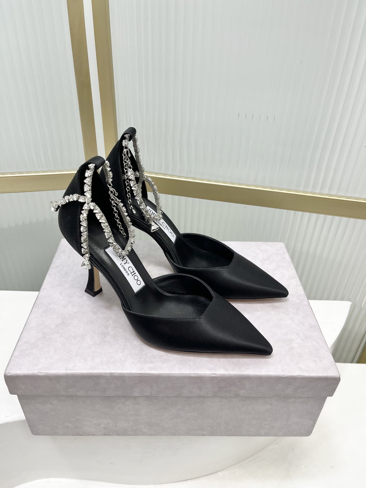 Jimmy Choo Jimmy Cho* JC吉米周新款蝴蝶结钻链真丝高跟鞋两穿中空尖头凉鞋