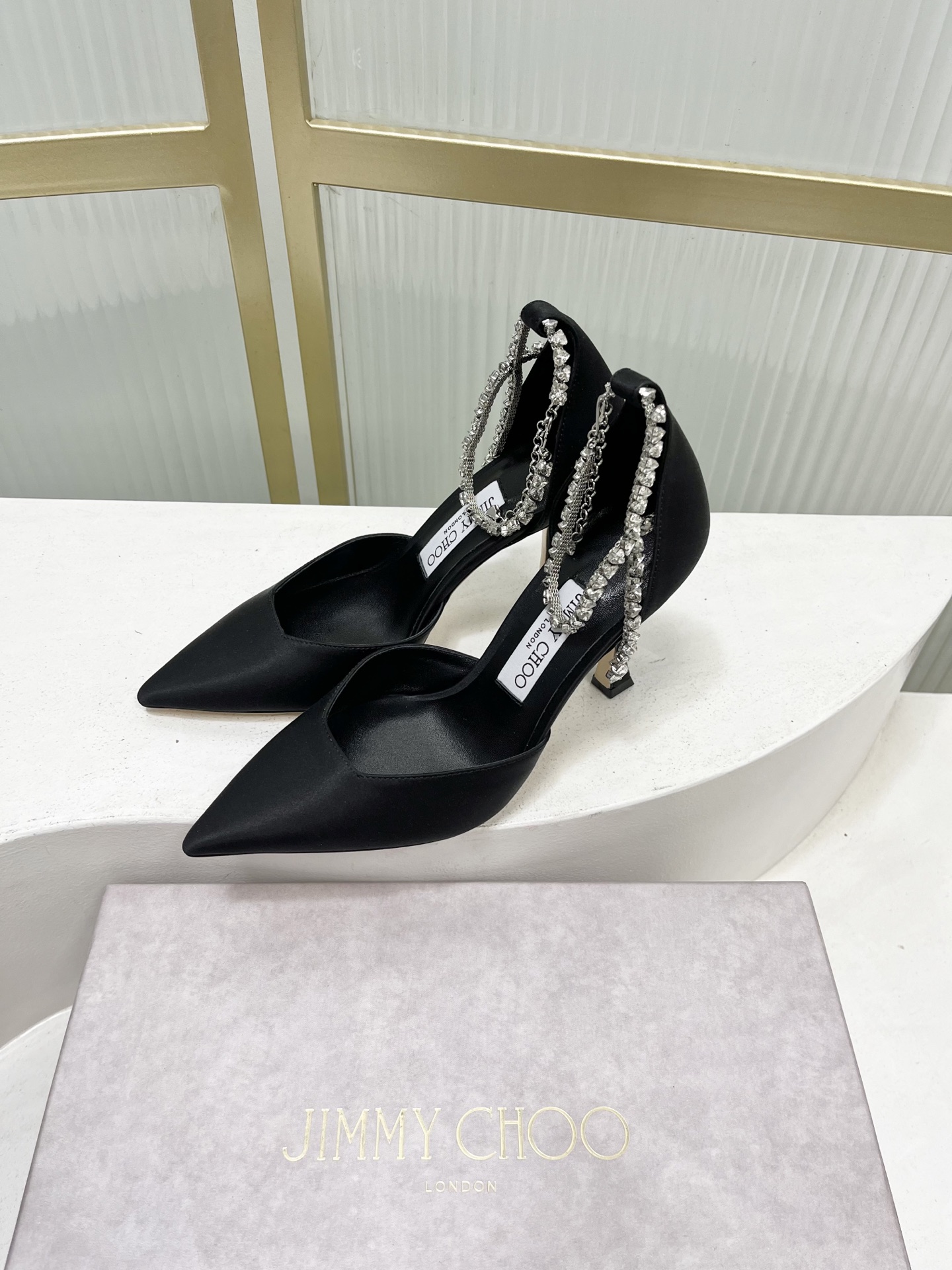 Jimmy Choo Jimmy Cho* JC吉米周新款蝴蝶结钻链真丝高跟鞋两穿中空尖头凉鞋