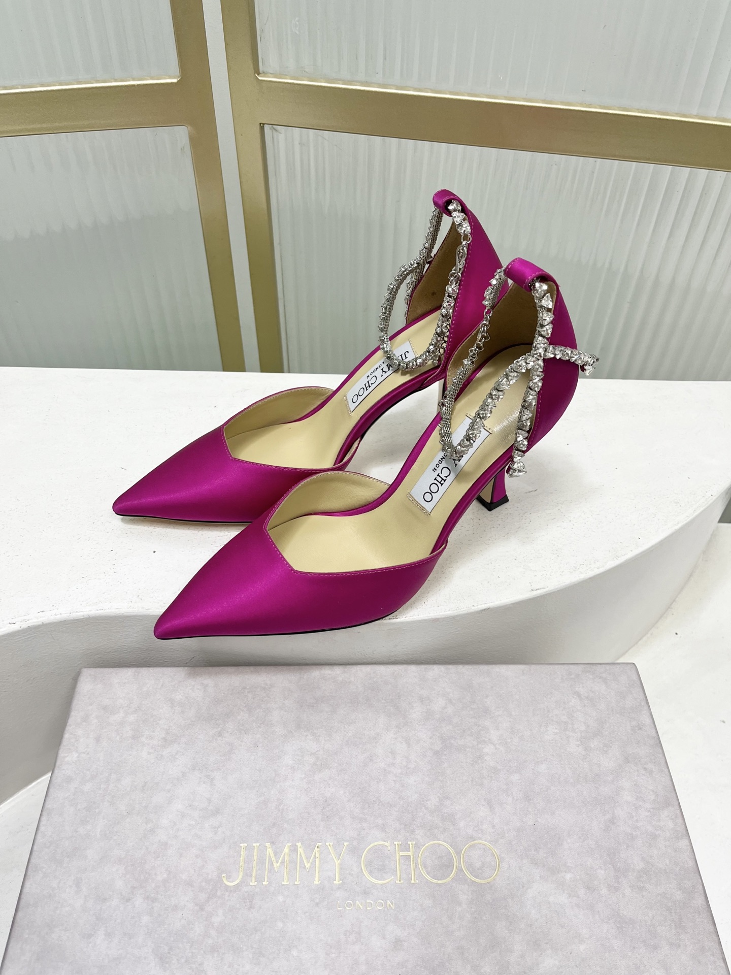 Jimmy Choo Jimmy Cho* JC吉米周新款蝴蝶结钻链真丝高跟鞋两穿中空尖头凉鞋