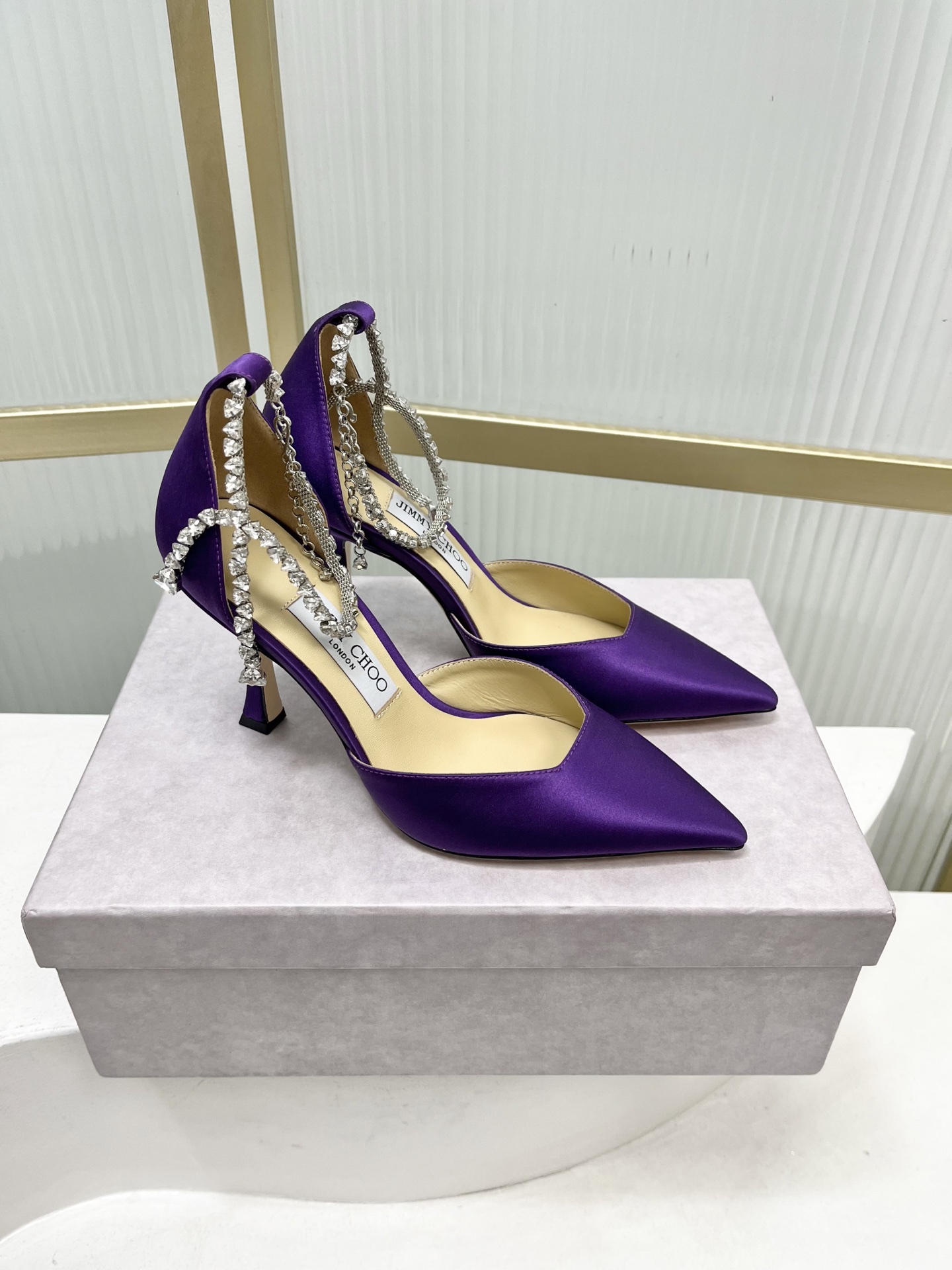 Jimmy Choo Jimmy Cho* JC吉米周新款蝴蝶结钻链真丝绸缎高跟鞋两穿中空尖头凉鞋