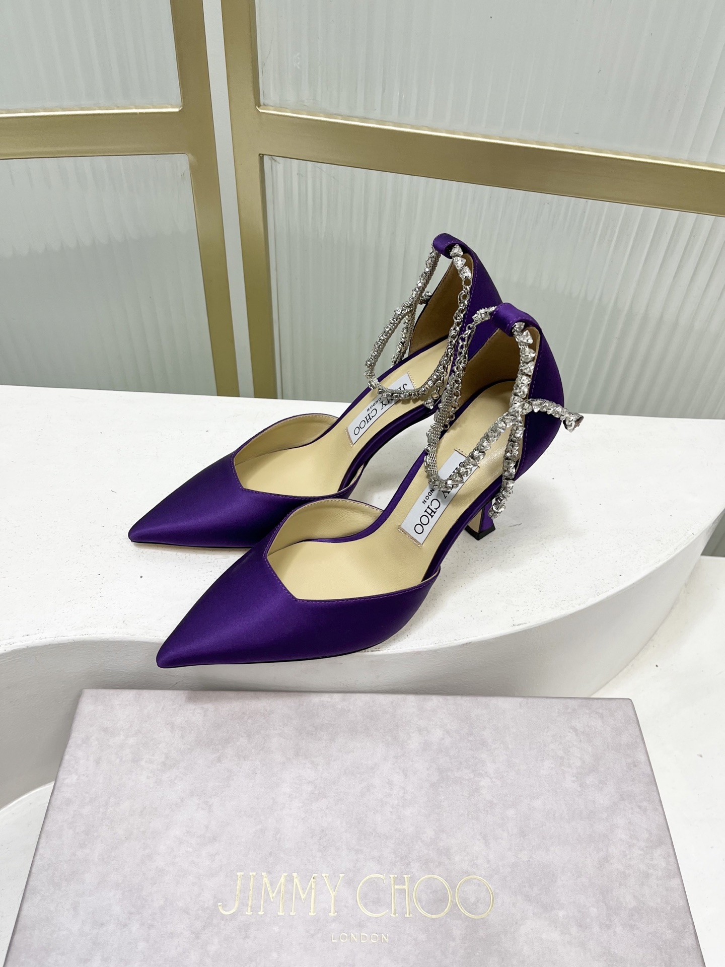 Jimmy Choo Jimmy Cho* JC吉米周新款蝴蝶结钻链真丝绸缎高跟鞋两穿中空尖头凉鞋