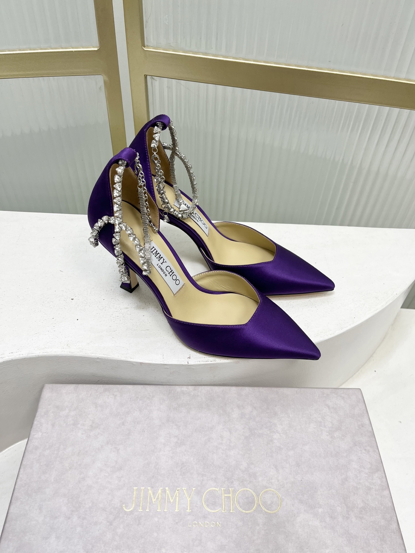 Jimmy Choo Jimmy Cho* JC吉米周新款蝴蝶结钻链真丝绸缎高跟鞋两穿中空尖头凉鞋
