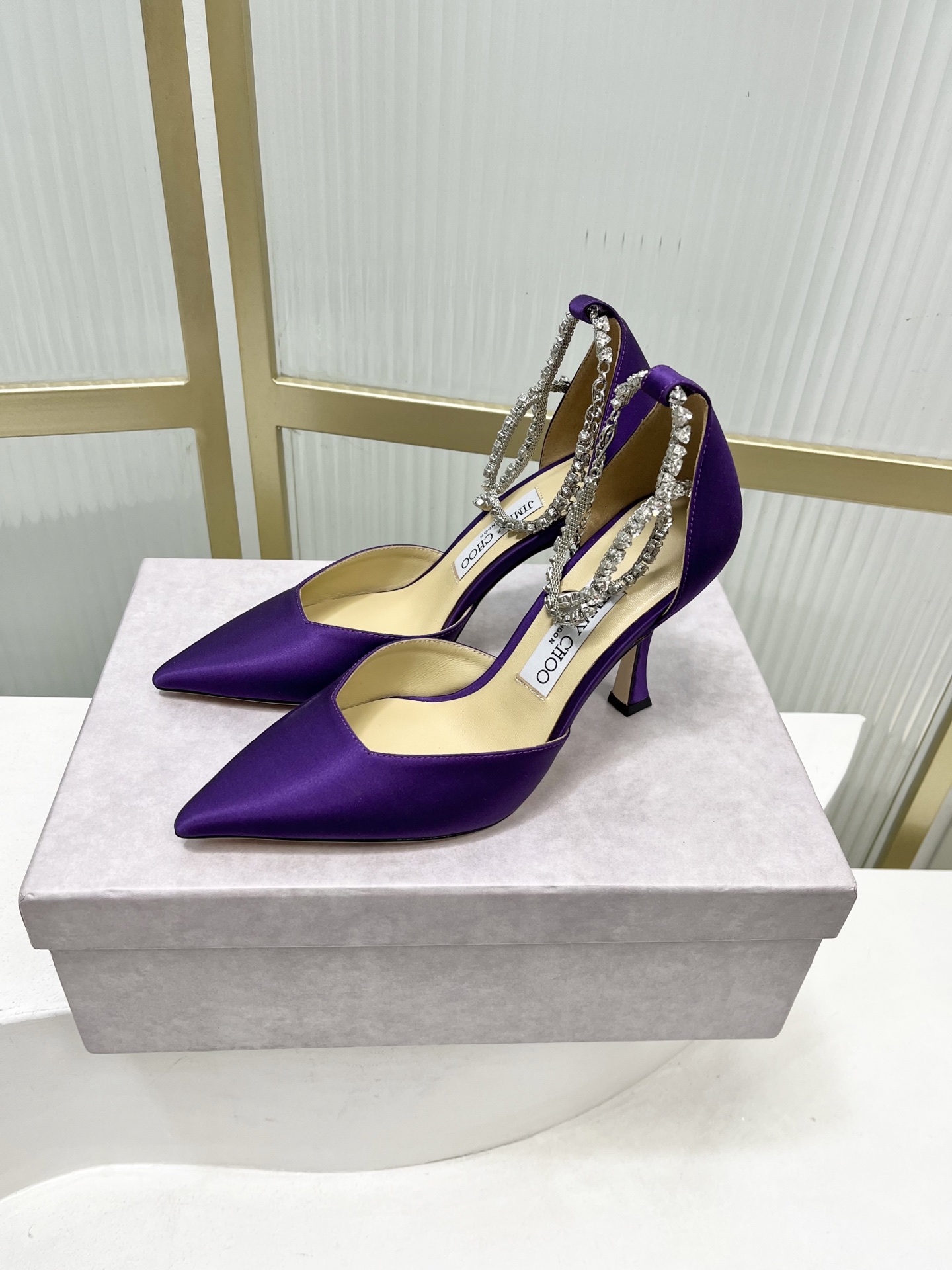 Jimmy Choo Jimmy Cho* JC吉米周新款蝴蝶结钻链真丝绸缎高跟鞋两穿中空尖头凉鞋