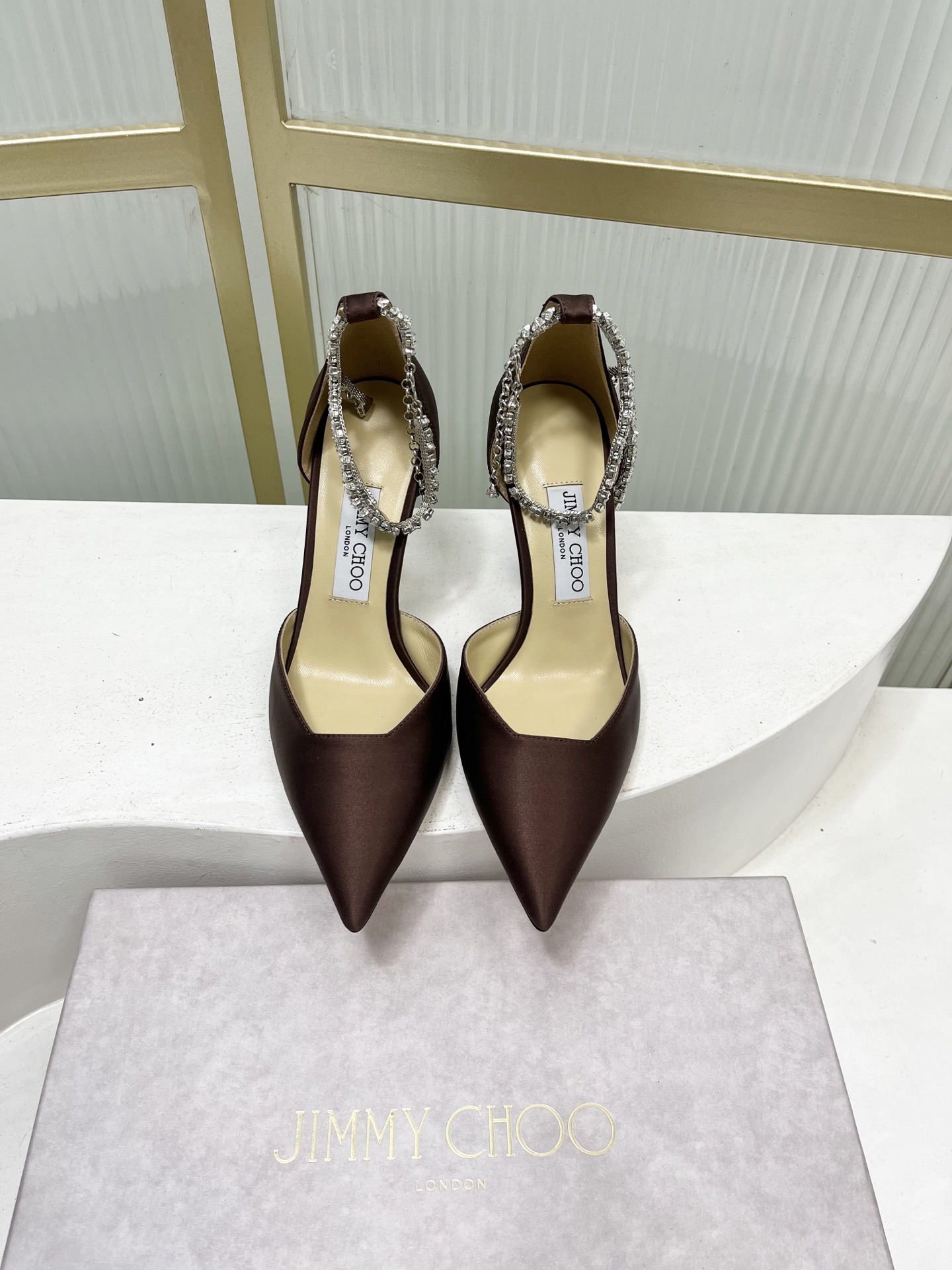 Jimmy Choo Jimmy Cho* JC吉米周新款蝴蝶结钻链真丝绸缎高跟鞋两穿中空尖头凉鞋