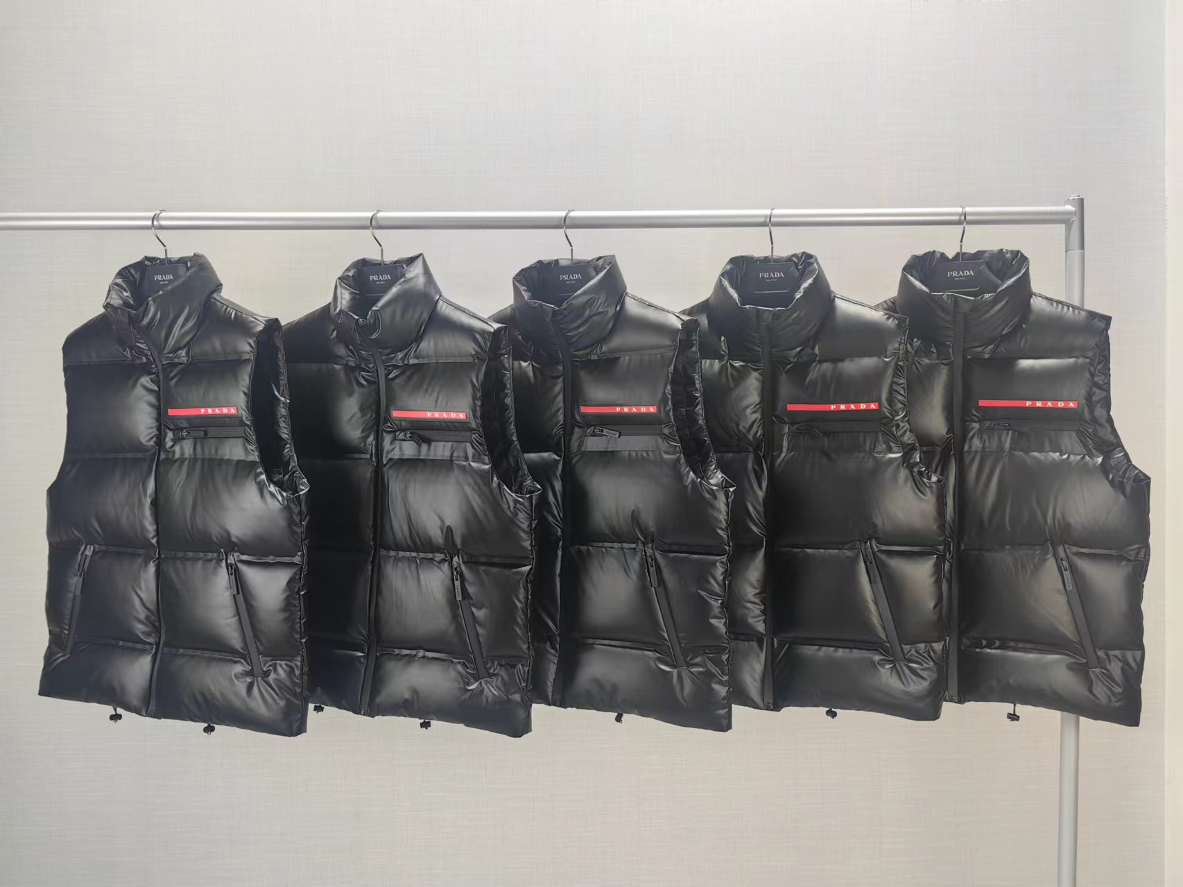 Prada men's winter vest with red trim, classic stand-up collar, fashionable casual outerwear.-Big cat