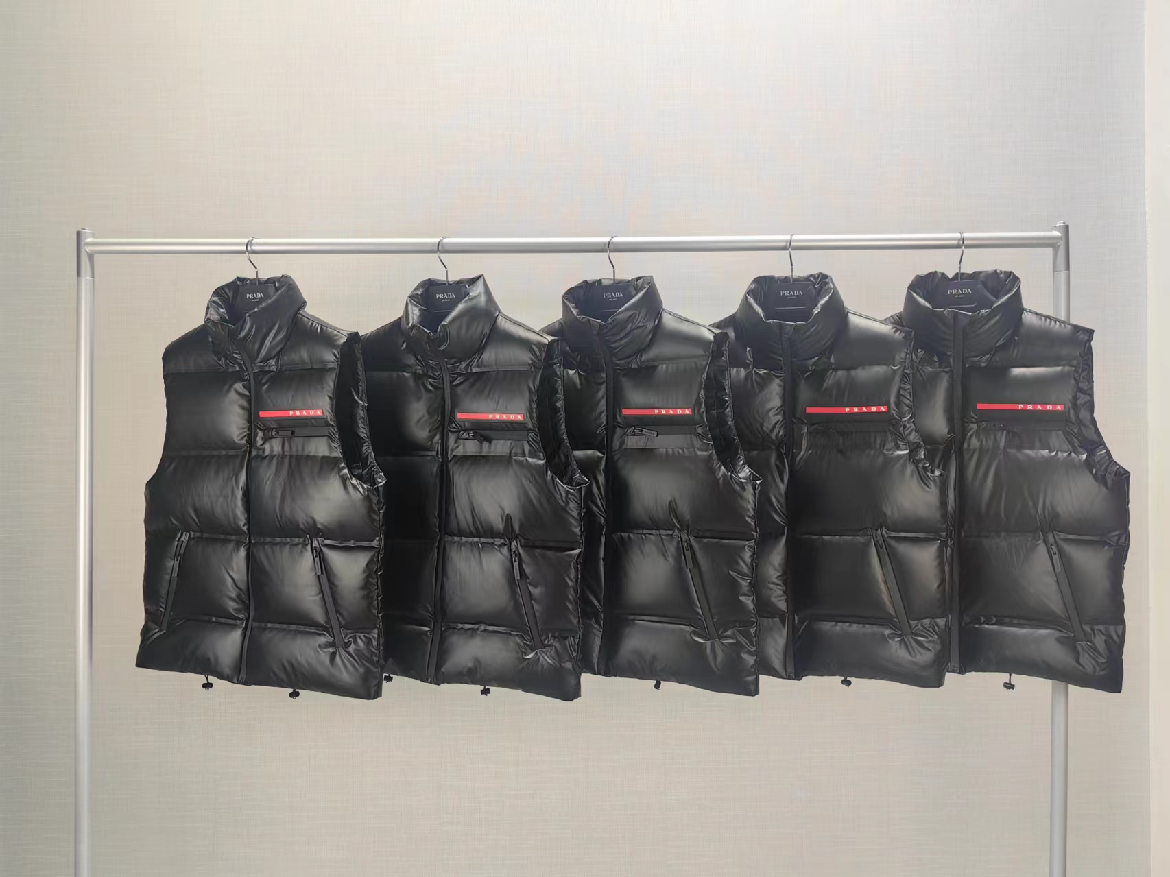 Prada men's winter vest with red trim, classic stand-up collar, fashionable casual outerwear.-Big cat