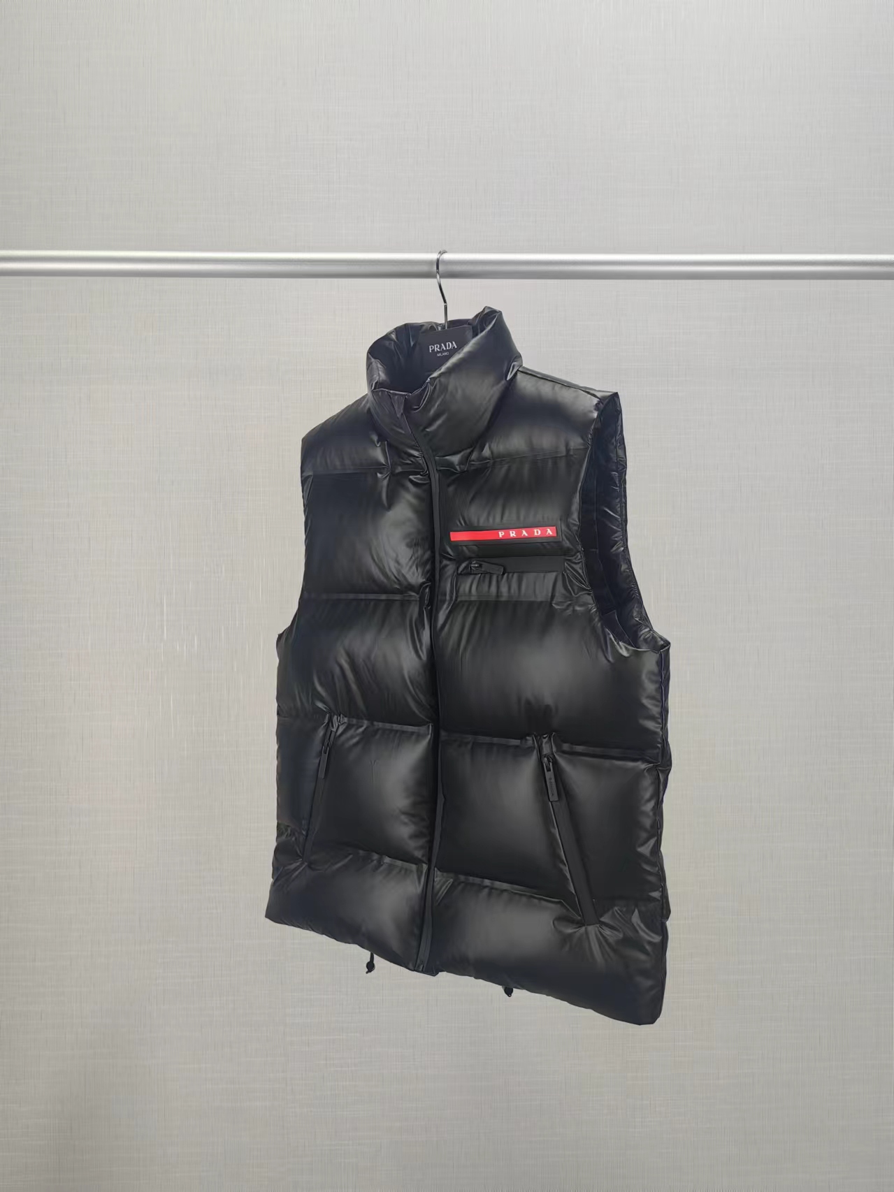 Prada men's winter vest with red trim, classic stand-up collar, fashionable casual outerwear.-Big cat