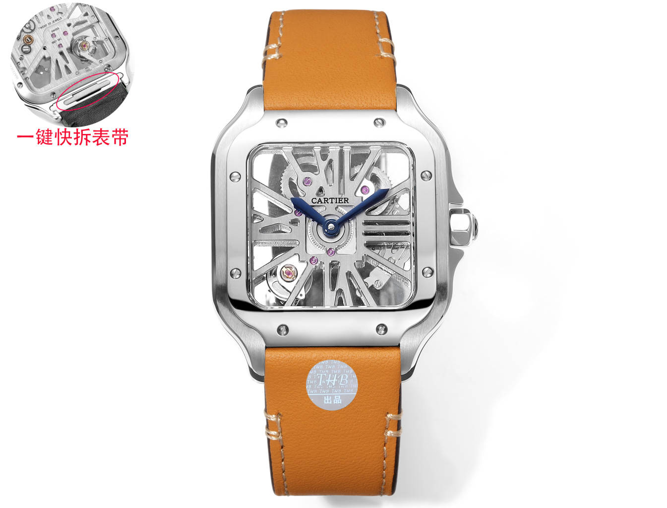 NO:150302,THB Sandus hollow belt quick release series First release Parameters synchronized with genuine watch diameter 39.8 mm movement Swiss Ronda 4S20 modified mechanical movement case thickness 9.08 mm dial color hollow dial shape square SKU black silver silver ring silver rose ring silver gold ring strap using imported Italian calf leather layer The buckle uses Cartier original buckle with back transparent back mirror sapphire mirror pointer blue burning steel blue pointer Black luminous uses imported green light crown gem inlaid crown, cartier, cowhide19860909THB 山度士镂空皮带快拆系列 首发 参数与正品同步 表径39.8毫米 机芯瑞士朗达4S20改制机械款机芯 表壳厚度9.08毫米 表盘颜色镂空 表盘形状方形 SKU黑色银色银圈 银色玫圈 银色金圈 表带采用进口意大利小牛皮层 表扣采用卡地亚原装扣 背透背透 镜面蓝宝石镜面 指针蓝色烧钢蓝指针 黑色款夜光采用进口绿色亮光 表冠宝石镶嵌表冠,,cartier,cowhide,Watch