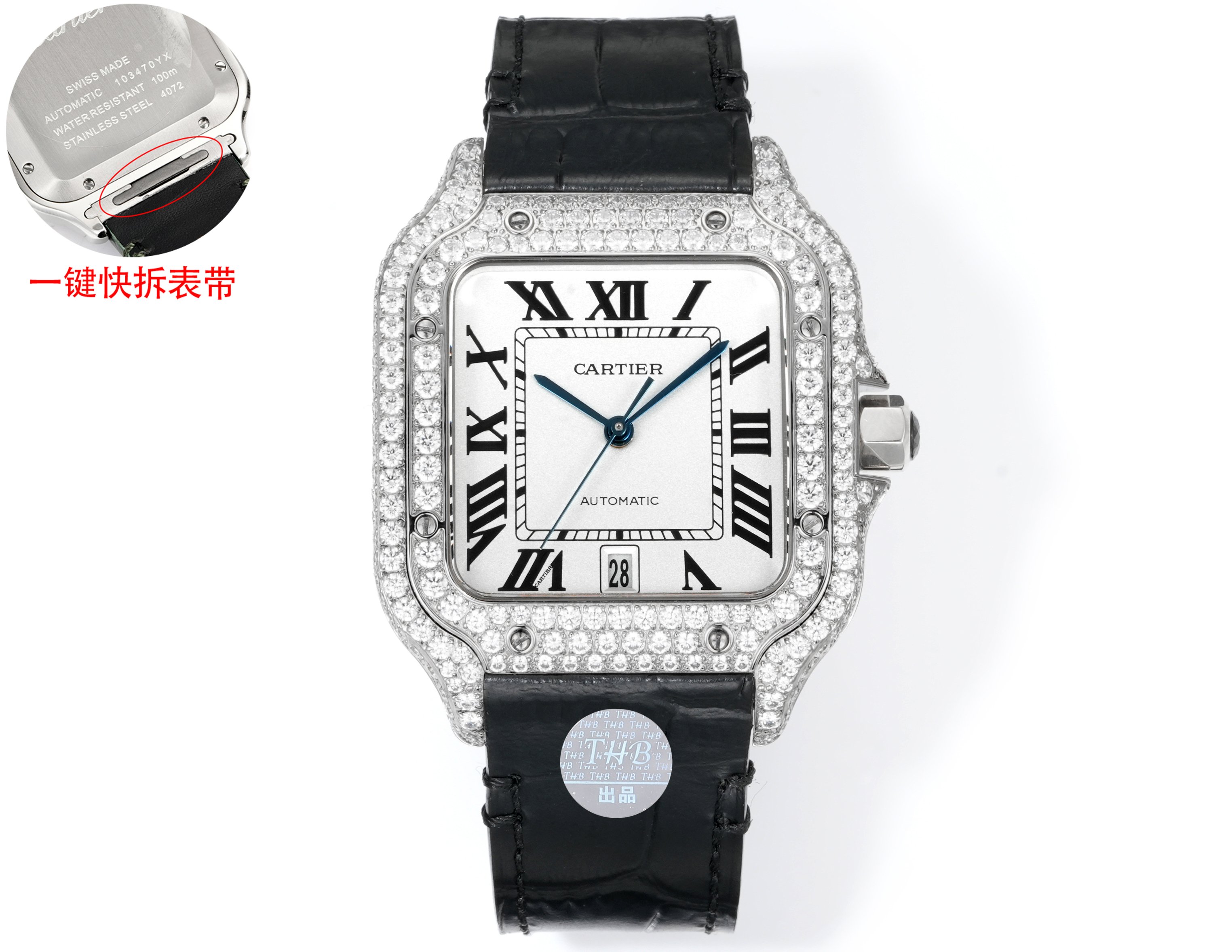 Cartier Santos 100 XL, caja y bisel de oro blanco engastados con diamantes, esfera negra, correa de piel negra, 38 mm, automático para hombre.