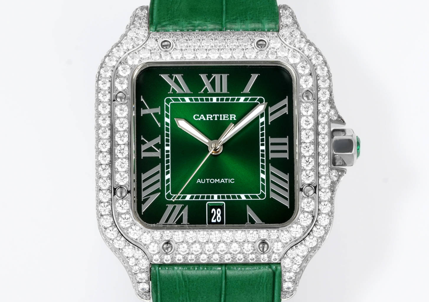 Cartier Santos 100 diamond-set silver case and bezel, grey dial, grey leather strap 38mm Unisex Automatic