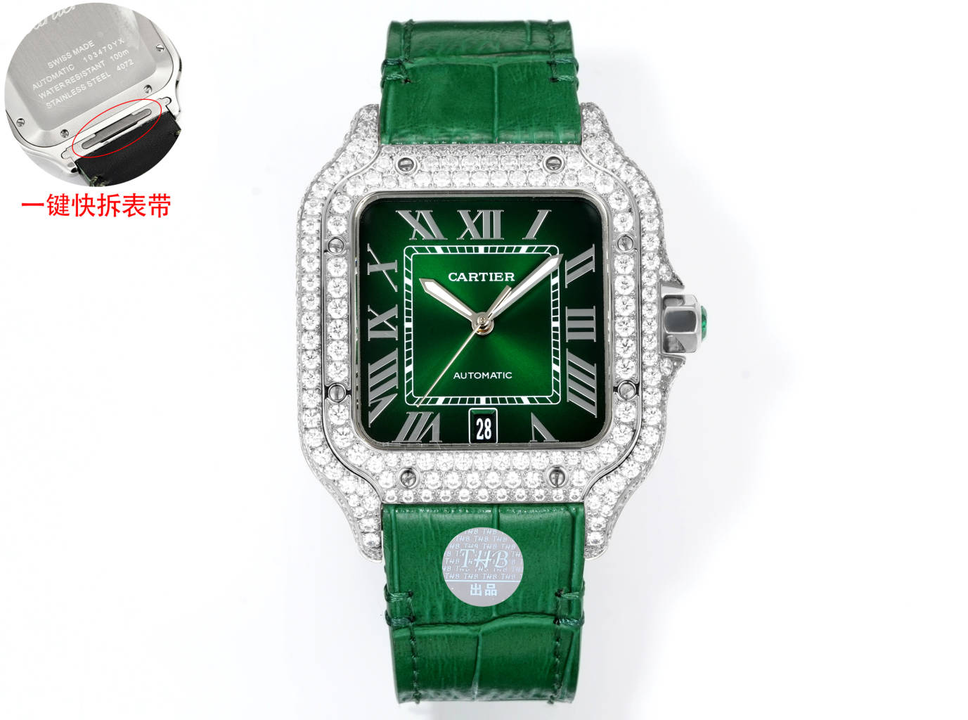 Cartier Santos 100 diamond-set silver case and bezel, grey dial, grey leather strap 38mm Unisex Automatic