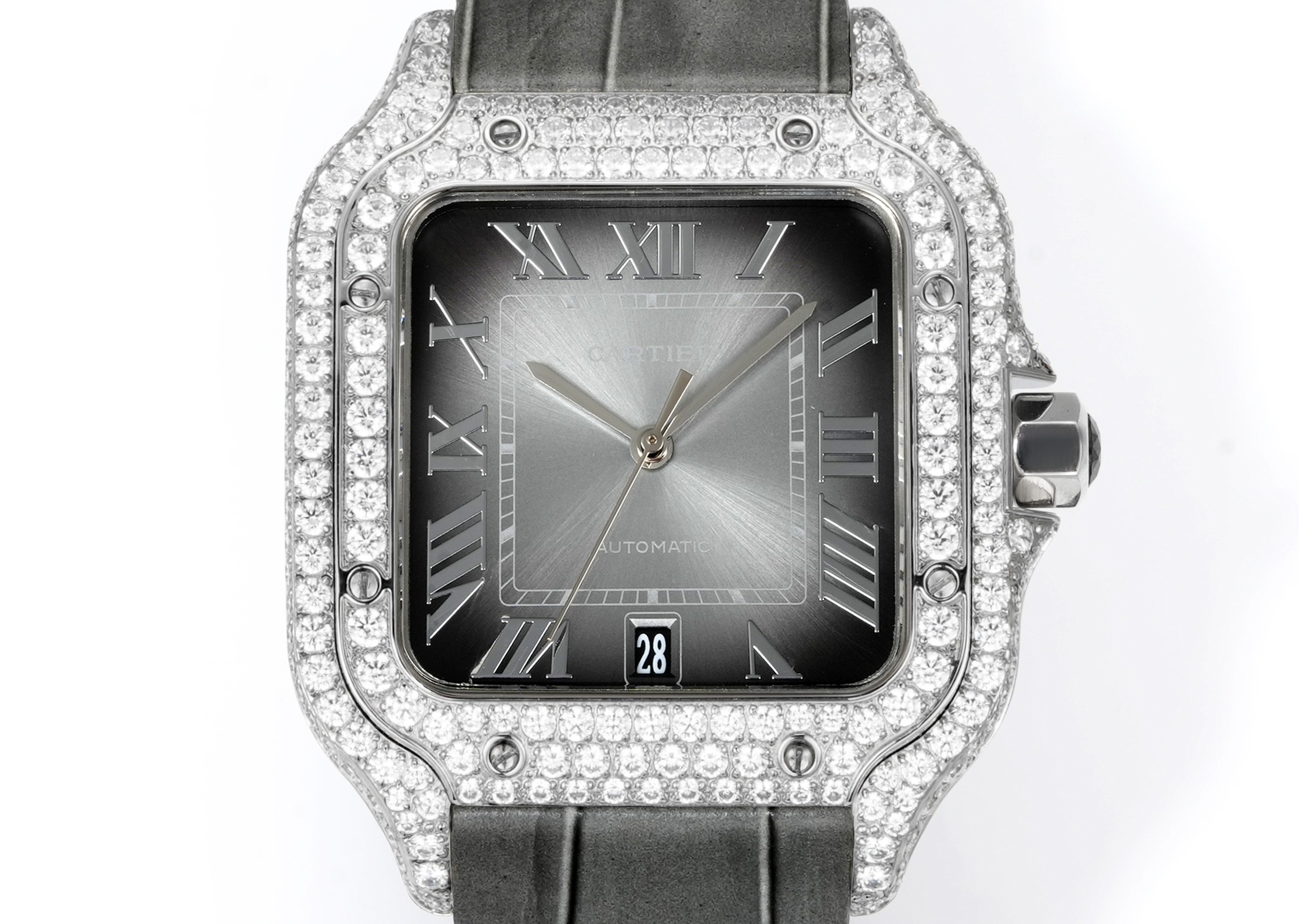 Cartier Santos 100 diamond-set silver case and bezel, grey dial, grey leather strap 38mm Unisex Automatic