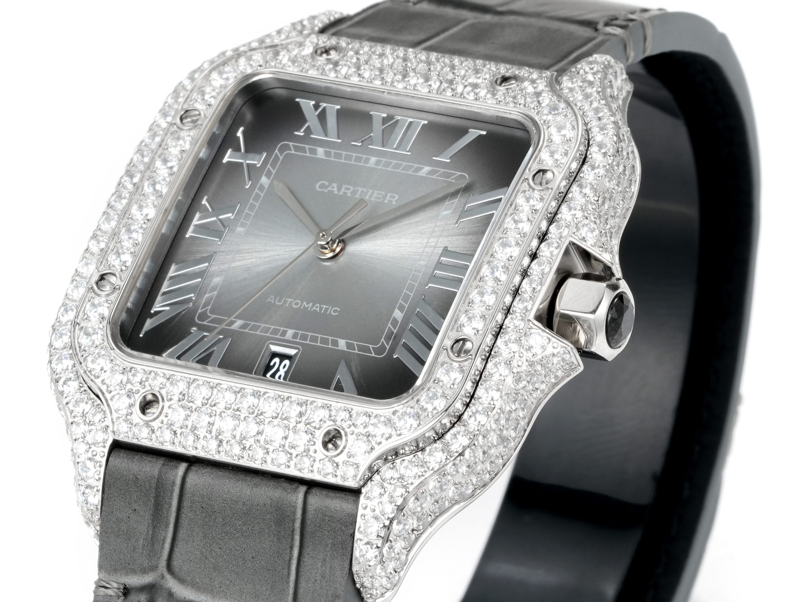 Cartier Santos 100 diamond-set silver case and bezel, grey dial, grey leather strap 38mm Unisex Automatic