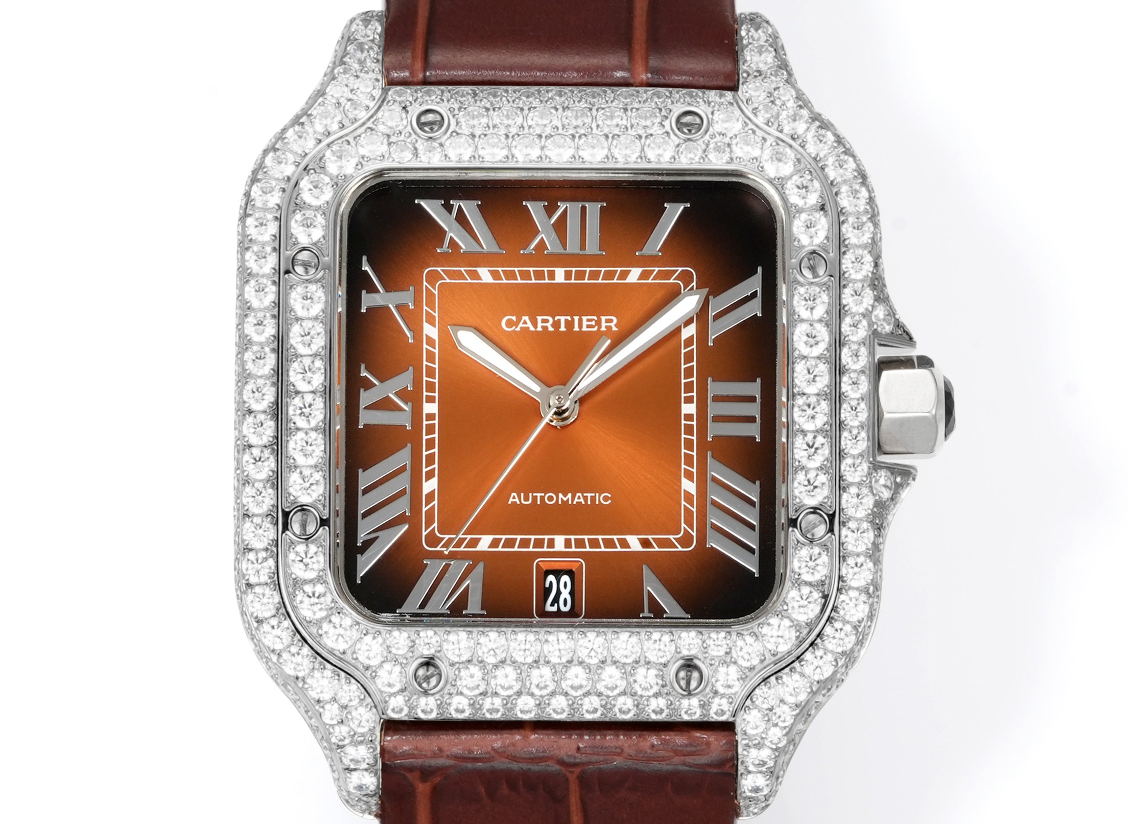 Cartier Santos 100 Medium Automatic diamond-set steel case and bezel, brown gradient dial, brown leather strap 33mm Unisex Automatic