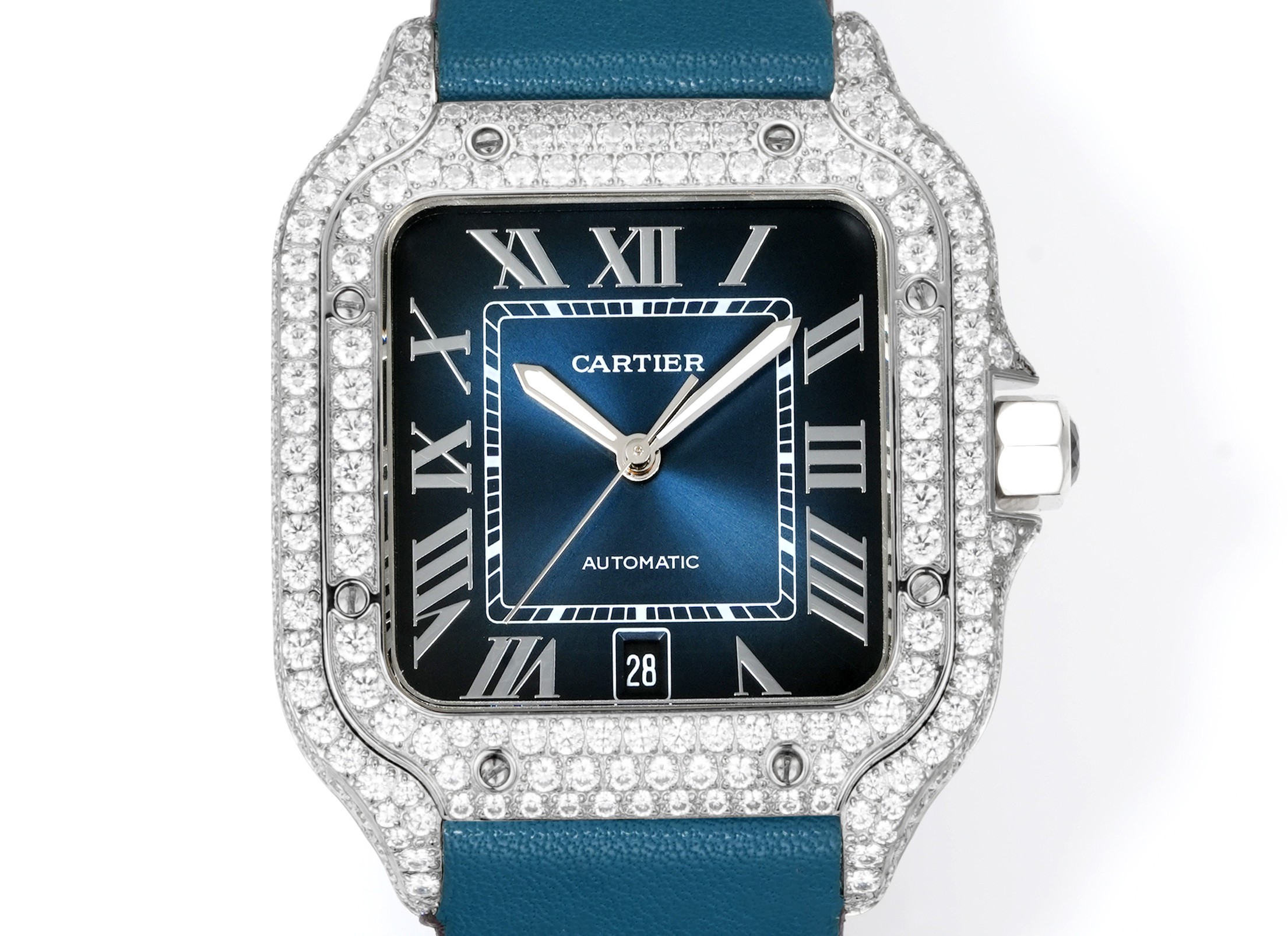 Cartier Santos 100 Medium Automatic diamond-set steel case and bezel, brown gradient dial, brown leather strap 33mm Unisex Automatic