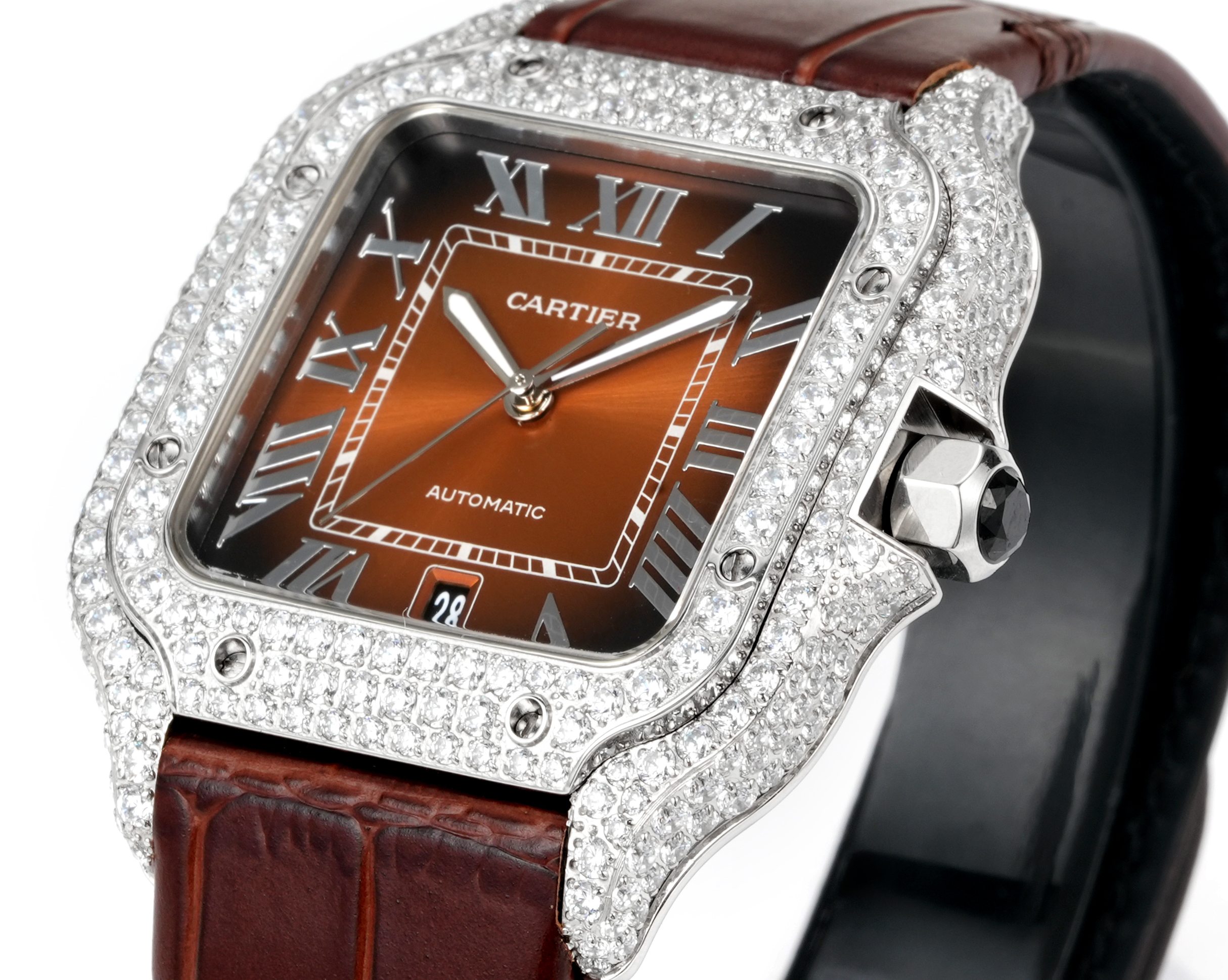 Cartier Santos 100 Medium Automatic diamond-set steel case and bezel, brown gradient dial, brown leather strap 33mm Unisex Automatic