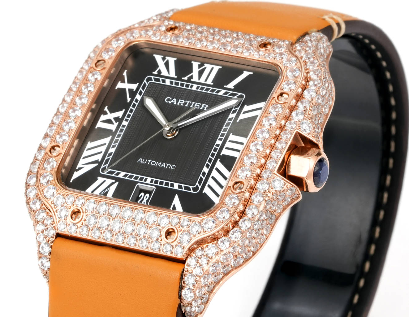 Cartier Santos 100 rose gold diamond-set case, black dial, orange leather strap 38mm Men's Automatic