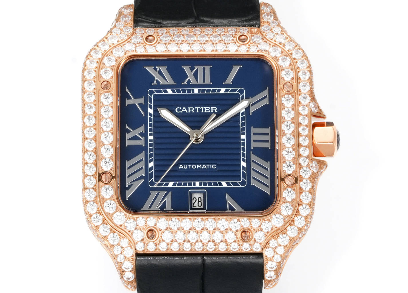 Cartier Santos 100 rose gold diamond-set case, black dial, orange leather strap 38mm Men's Automatic