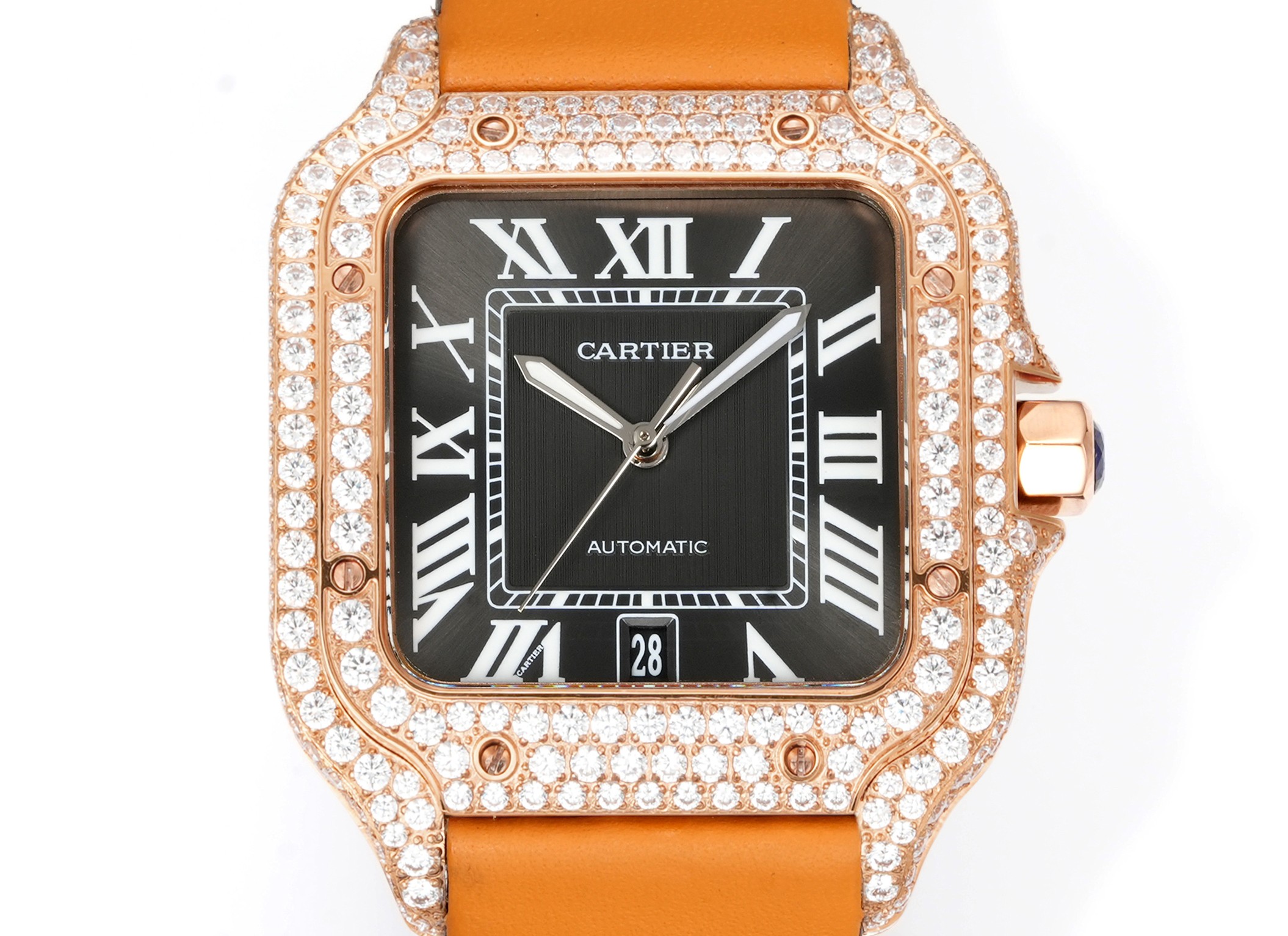 Cartier Santos 100 rose gold diamond-set case, black dial, orange leather strap 38mm Men's Automatic