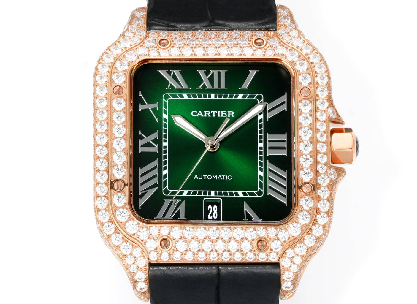 Cartier Santos 100 Automatic rose gold diamond-set case and bezel, silver dial, orange leather strap 41mm Unisex Automatic