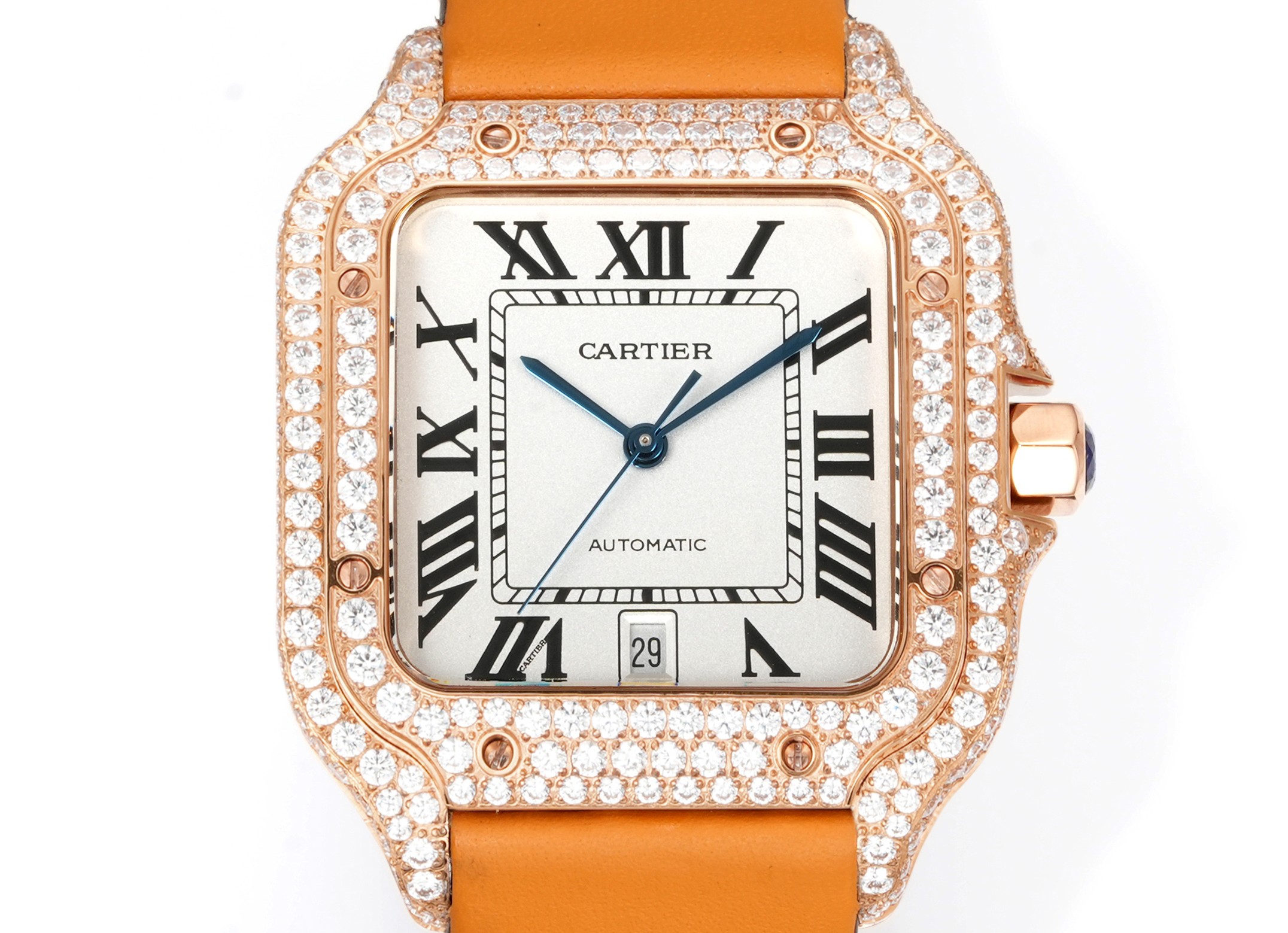 Cartier Santos 100 Automatic rose gold diamond-set case and bezel, silver dial, orange leather strap 41mm Unisex Automatic