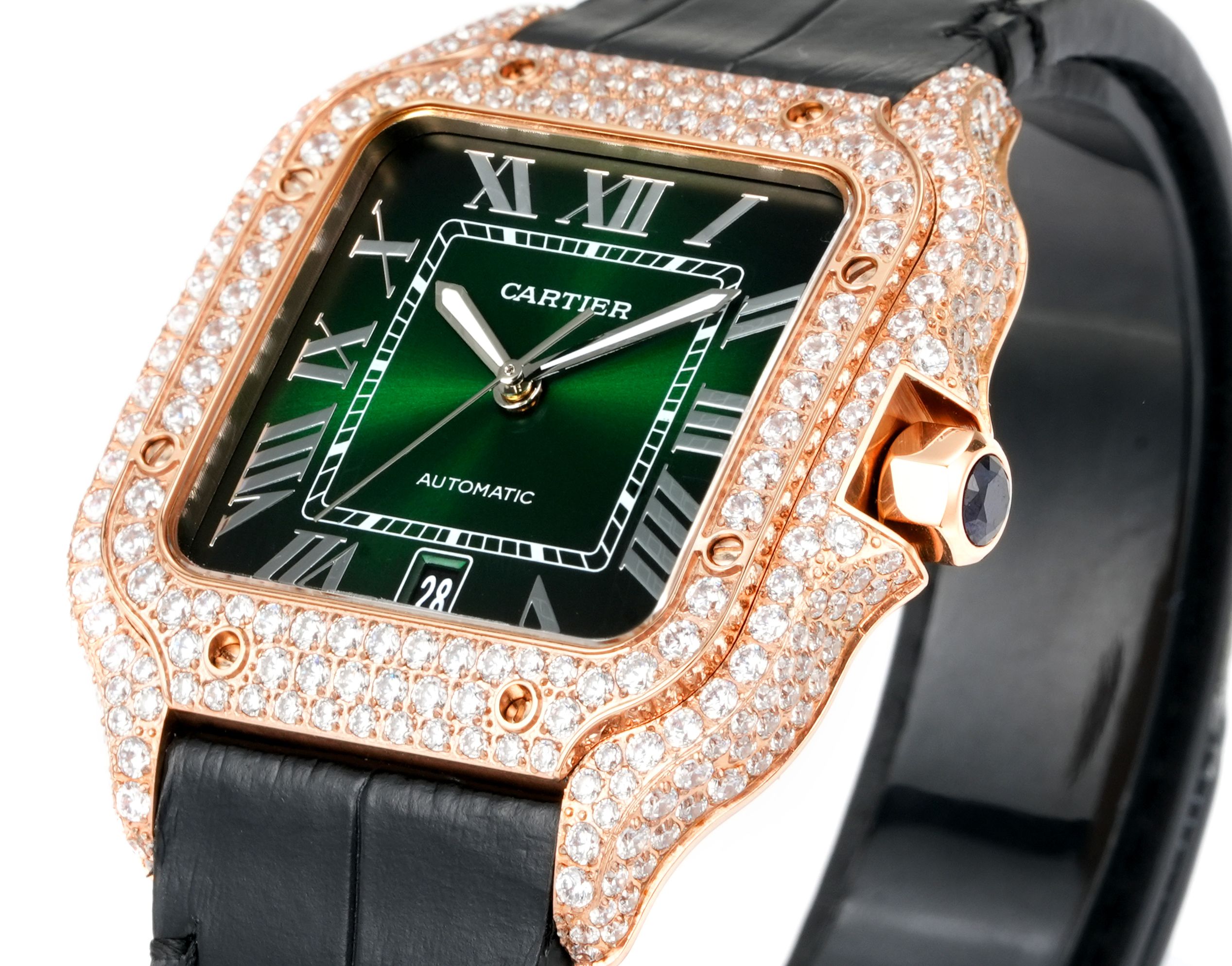 Cartier Santos 100 Automatic rose gold diamond-set case and bezel, silver dial, orange leather strap 41mm Unisex Automatic
